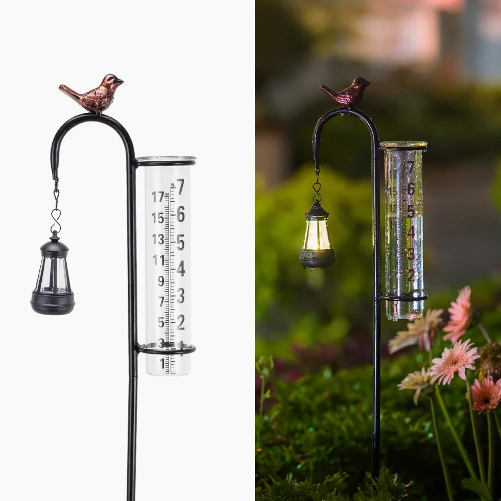 Pluviomètre solaire pour l'extérieur Motif colibri | Tube en verre de 17,8 cm, en forme de lampadaire, pluviomètre décoratif pour jardin, cour, pelouse