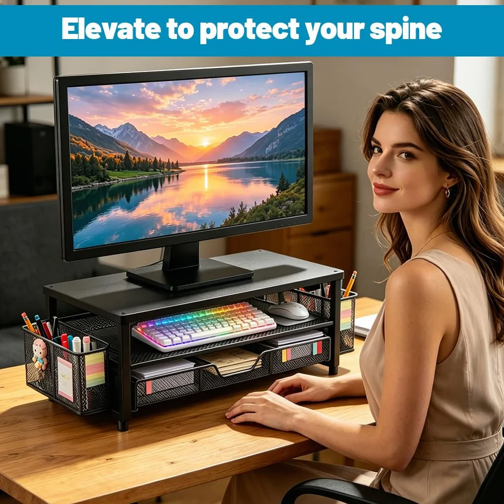 Support Écran de Bureau avec Tiroir et Double Porte-Stylos, Rehausseur Ergonomique pour Moniteur et Ordinateur Portable