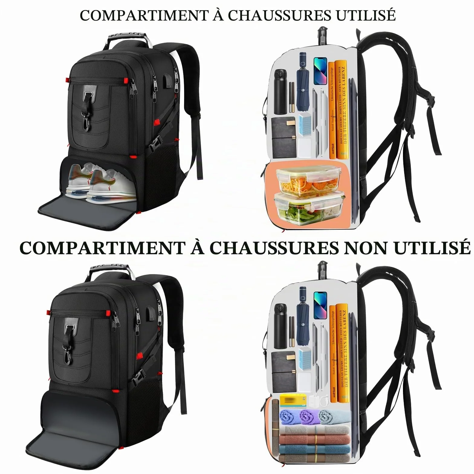 YAMTION Sac à Dos Ordinateur Portable 18.4 Pouces Compartiment à Chaussures Hommes Femmes Travail Sport Noir