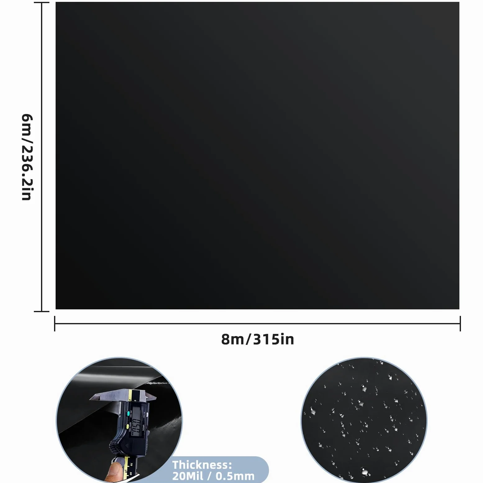 Bâche de Bassin en PVC de qualité supérieure 6x8M, Noire, en PEHD, très résistante, Film d'étanchéité pour Bassin de baignade, bassins à Poissons, fontaines, Jardins Aquatiques et Cascades