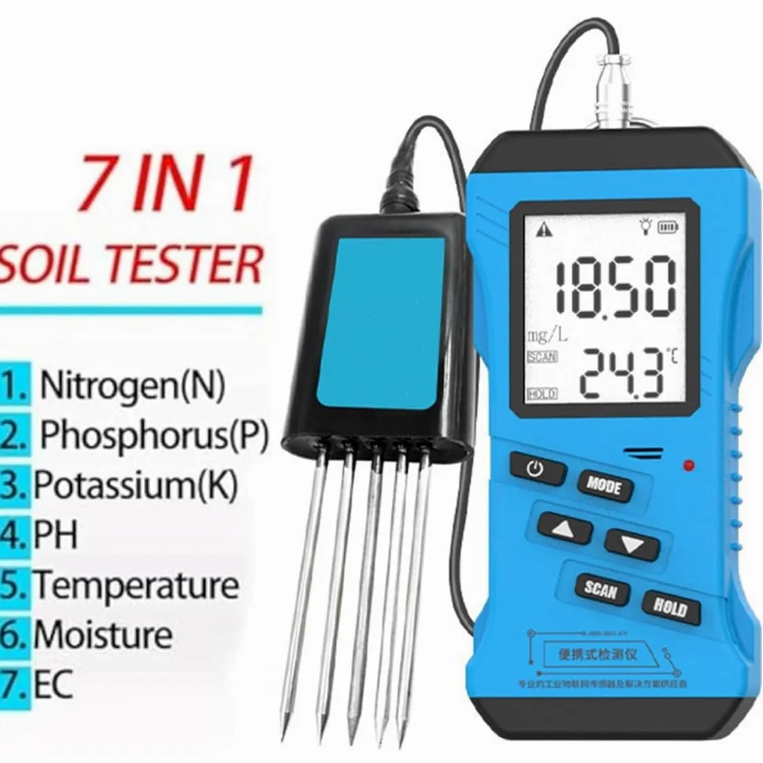 Testeur de sol – Testeur de pH 7 en 1, humidité, conductivité nutritive, phosphore, potassium, NPK Testeur de fertilité du sol avec haute précision et sensibilité numérique
