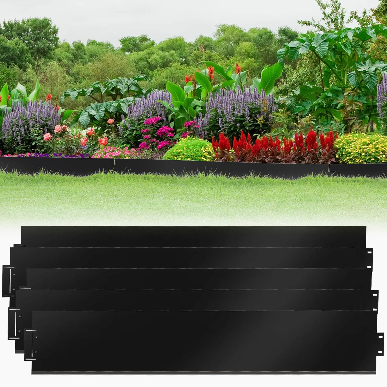 Bordure de gazon en métal 15m pour parterres de fleurs - Galvanisé 100x18 cm - Bordure de pelouse en métal servant de barrière racinaire, Noir