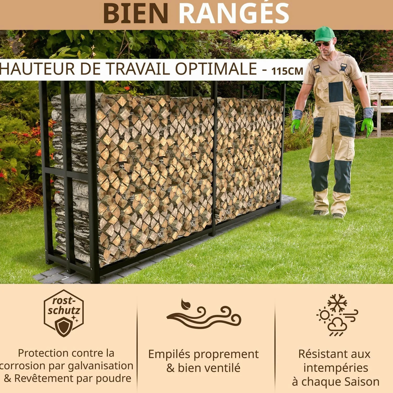 LAWA Porte-bûches extérieur métal galvanisé 223x50x115 cm Support 25-33 cm