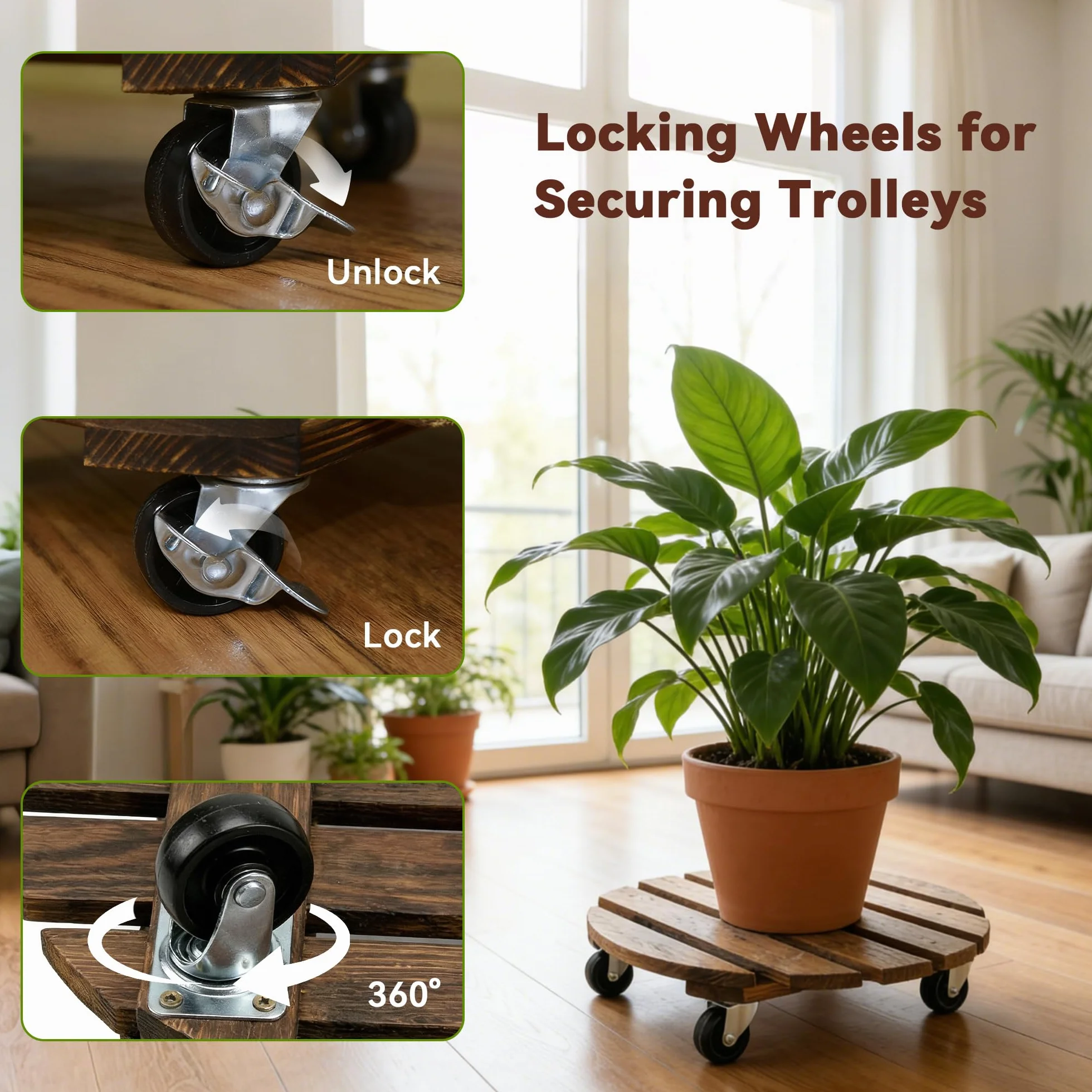 Bois Porte Plante à Roulettes Rondes Chariot Ø 30cm Capacité Charge 120 kg Roues 4 Blocages