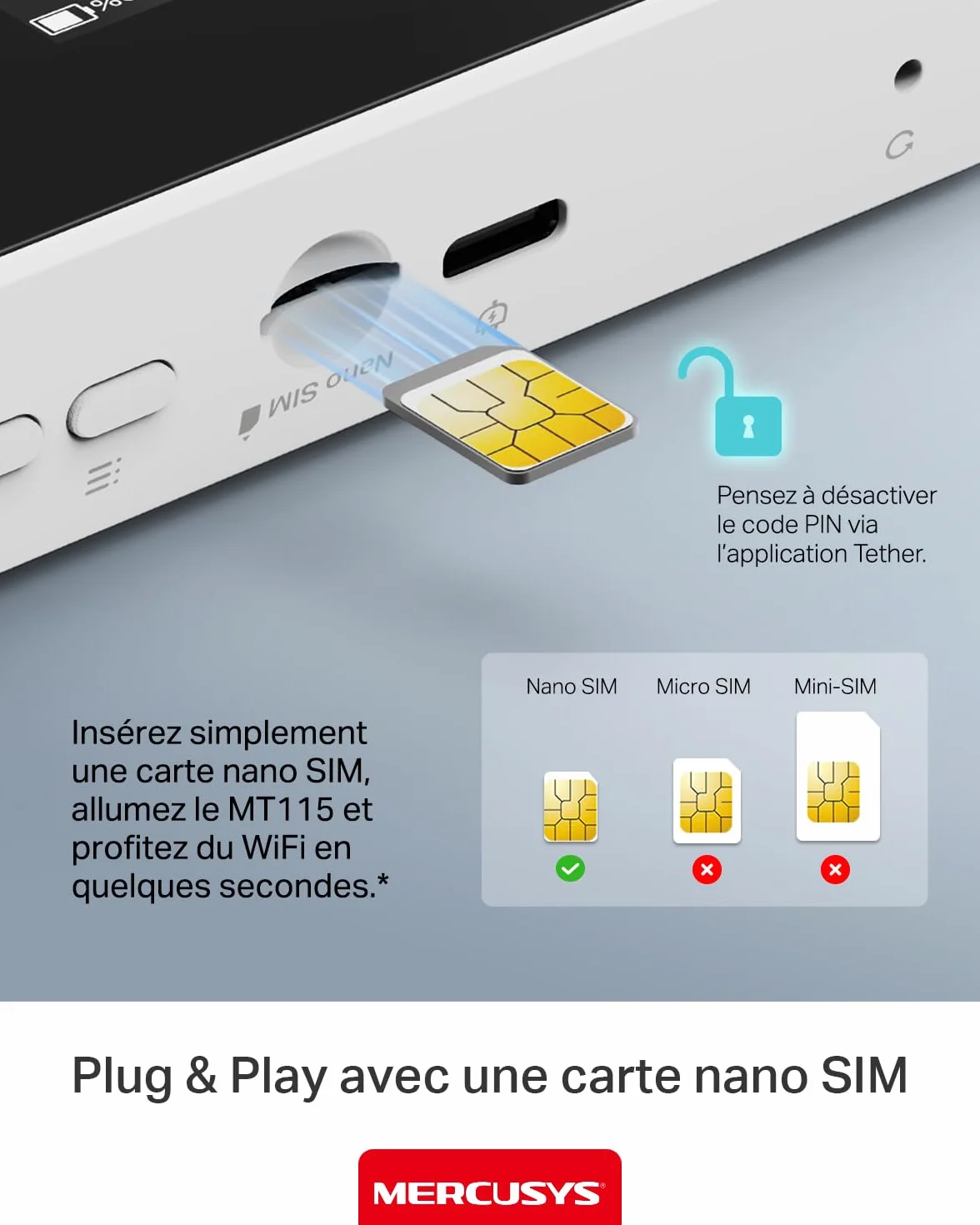 TP-Link MT115 Mercusys Hotspot 4G LTE Mobile Wi-Fi MiFi 6 AX300 Jusqu'à 287 MB/s Pocket WiFi Portable Batterie 2400 mAh Écran LCD Déverrouillé