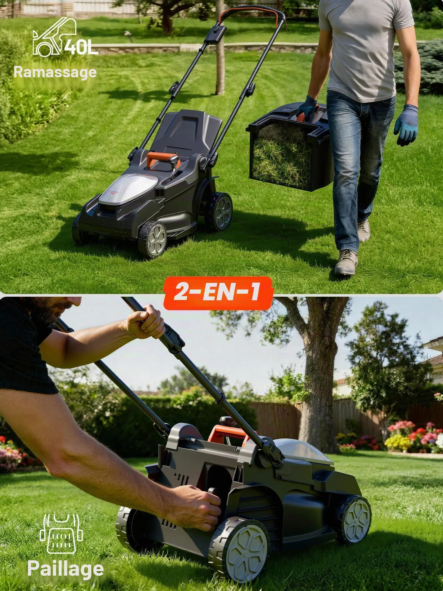 Litheli Tondeuse à Gazon sans Fil 38cm, 2X 20V Batteries 4.0Ah, Hauteur Réglable 25-75mm, Bac 40L, pour Pelouses jusqu'à 300m² (Jardin & Petits Espaces)
