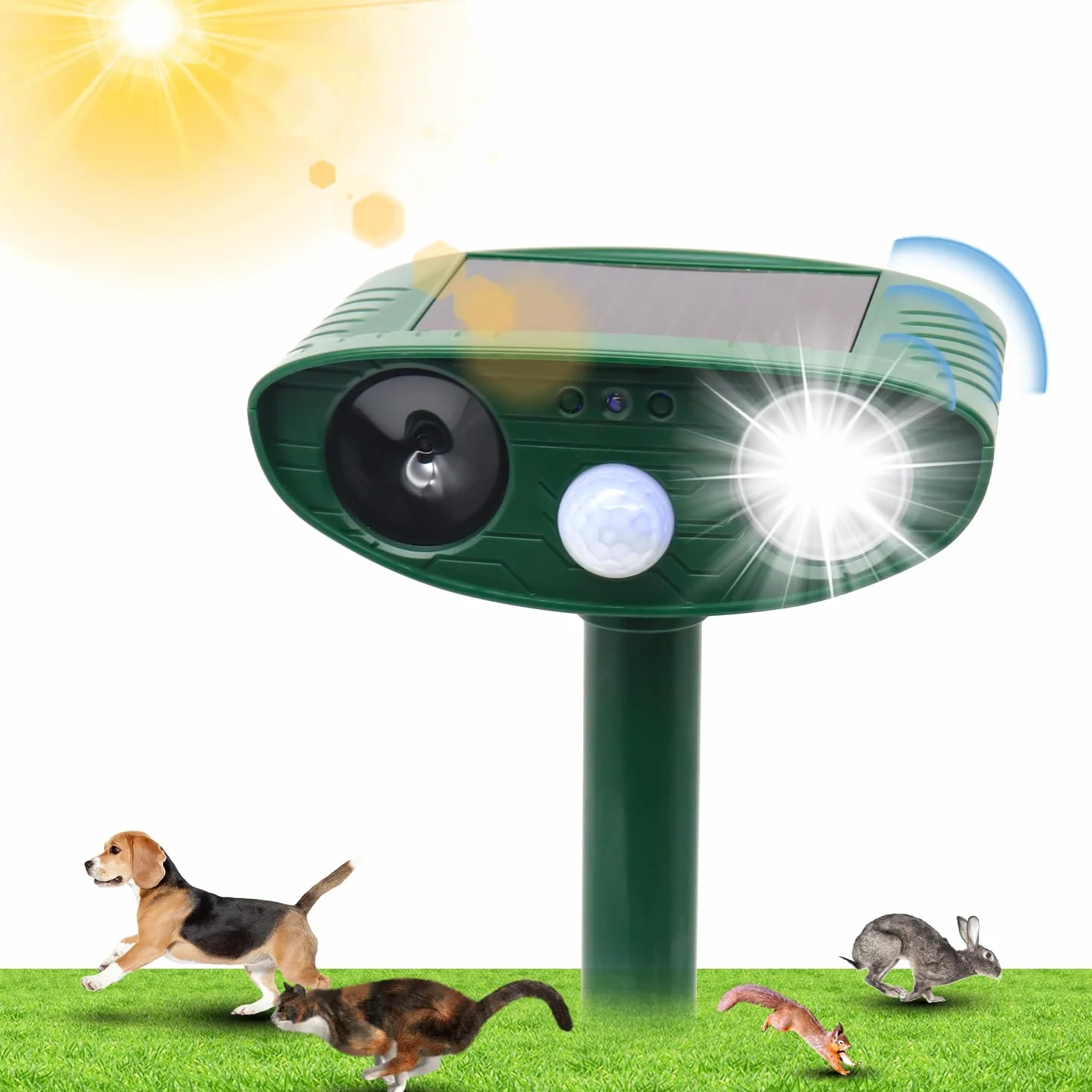 Répulsif Chat Ultrason Solaire Étanche Exterieur avec LED Détecteur de Mouvement pour Jardin Contre Chiens Chats Oiseaux Renards Rats