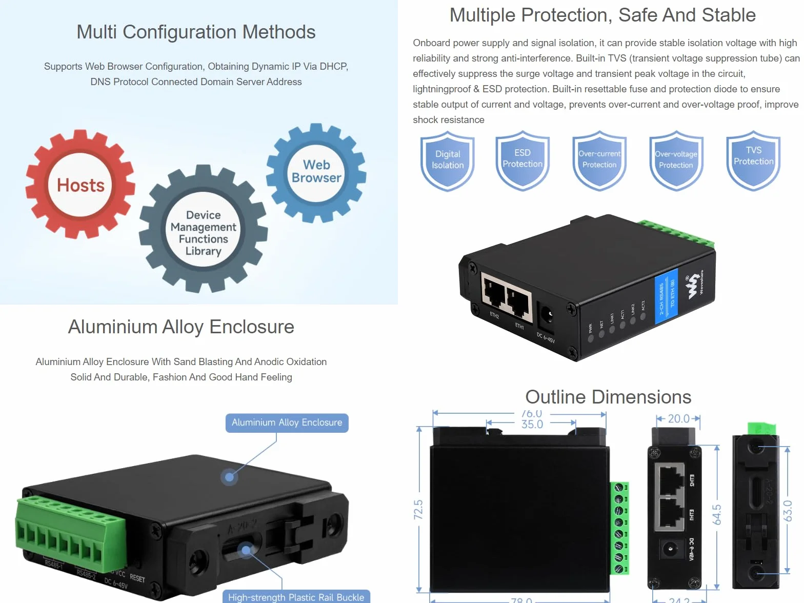 Waveshare 2-CH RS485 to RJ45 Ethernet Converter Module Industrial Rail-Mount Isolated Serial Server Dual Channels