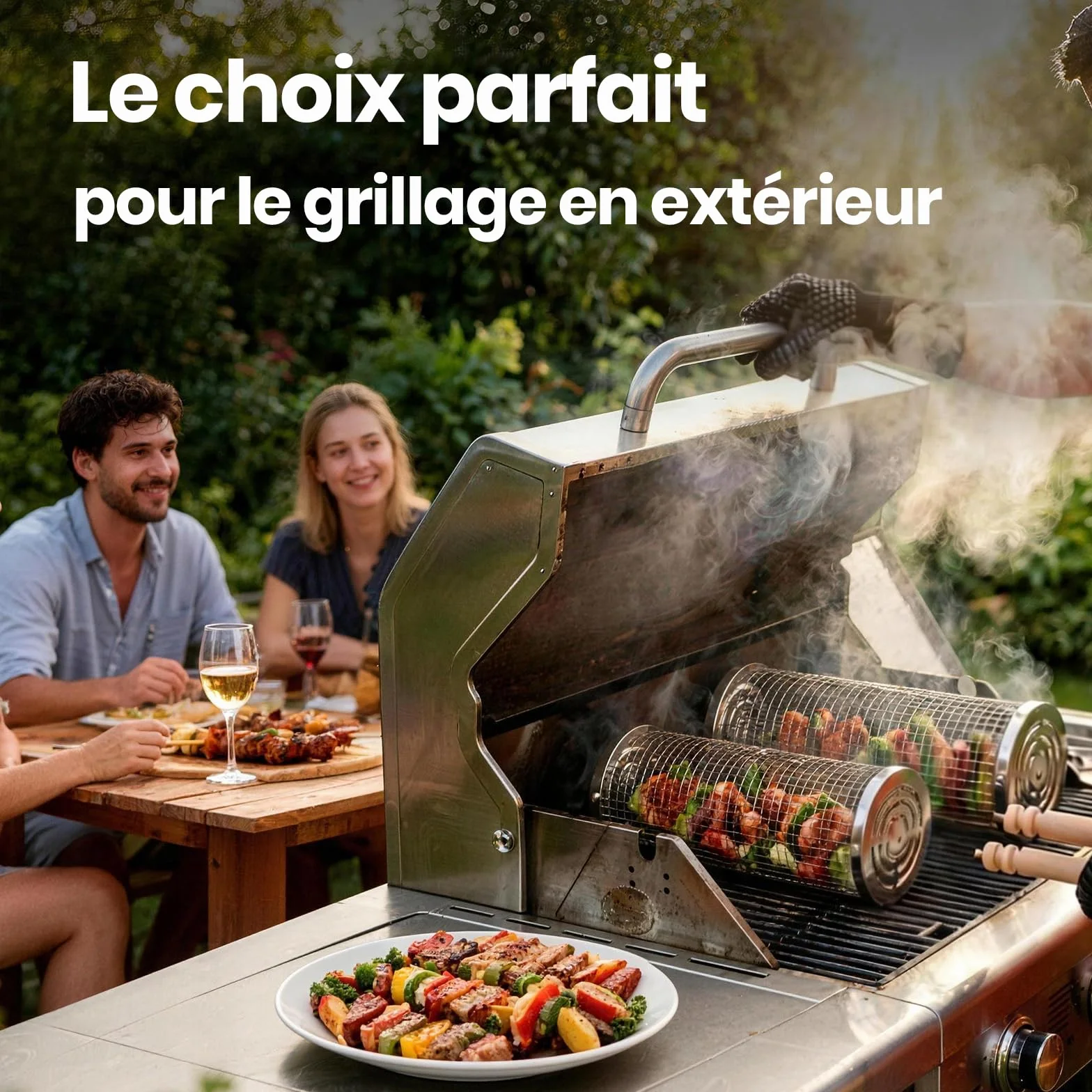 Set de Panier à Barbecue Roulant avec Accessoires, Acier Inoxydable 304, Poignée Détachable, 18 Pièces