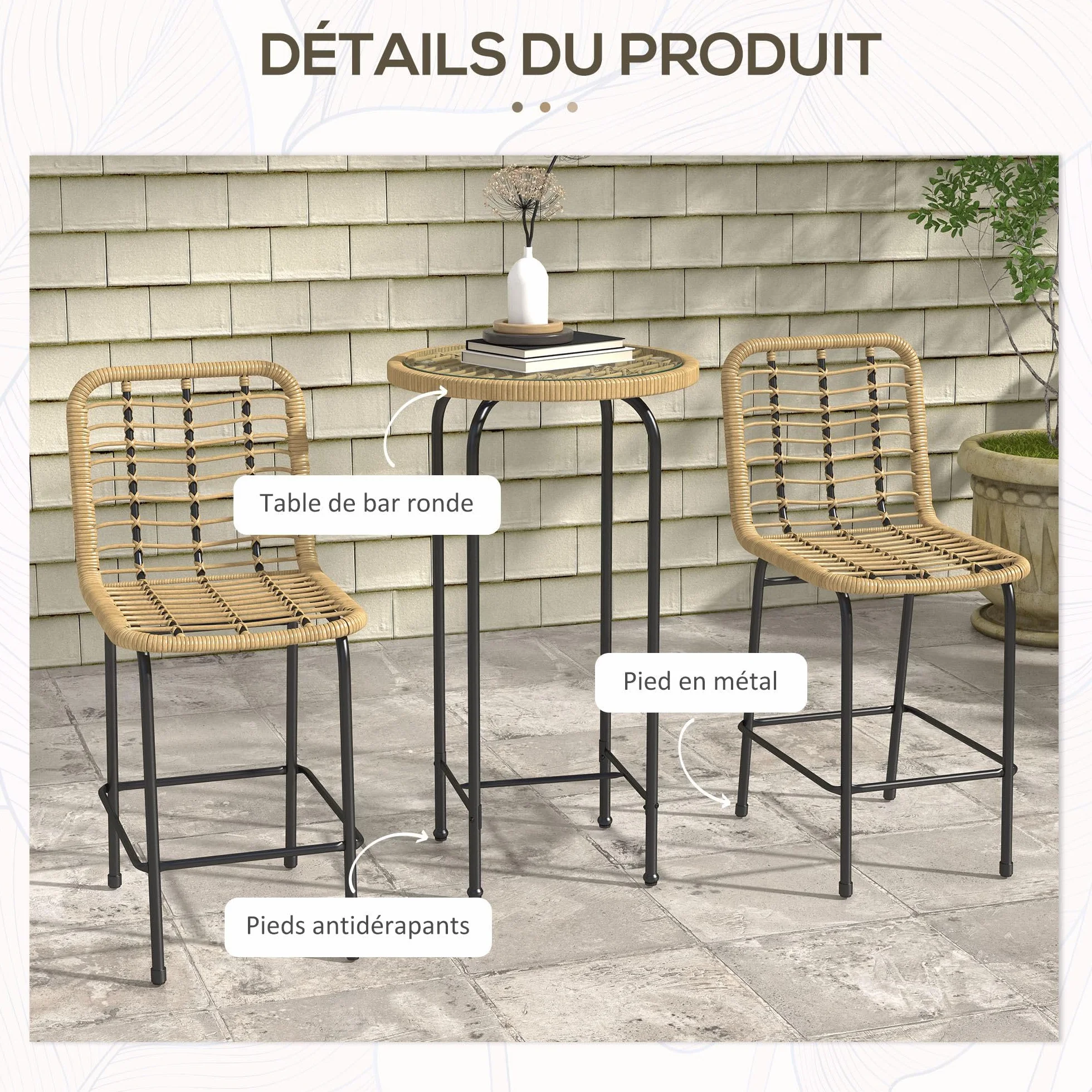 Outsunny Ensemble de Bar de Jardin 3 pièces Table Haute Ronde Design bohème + 2 tabourets Ronds Repose-Pied métal Naturel Noir