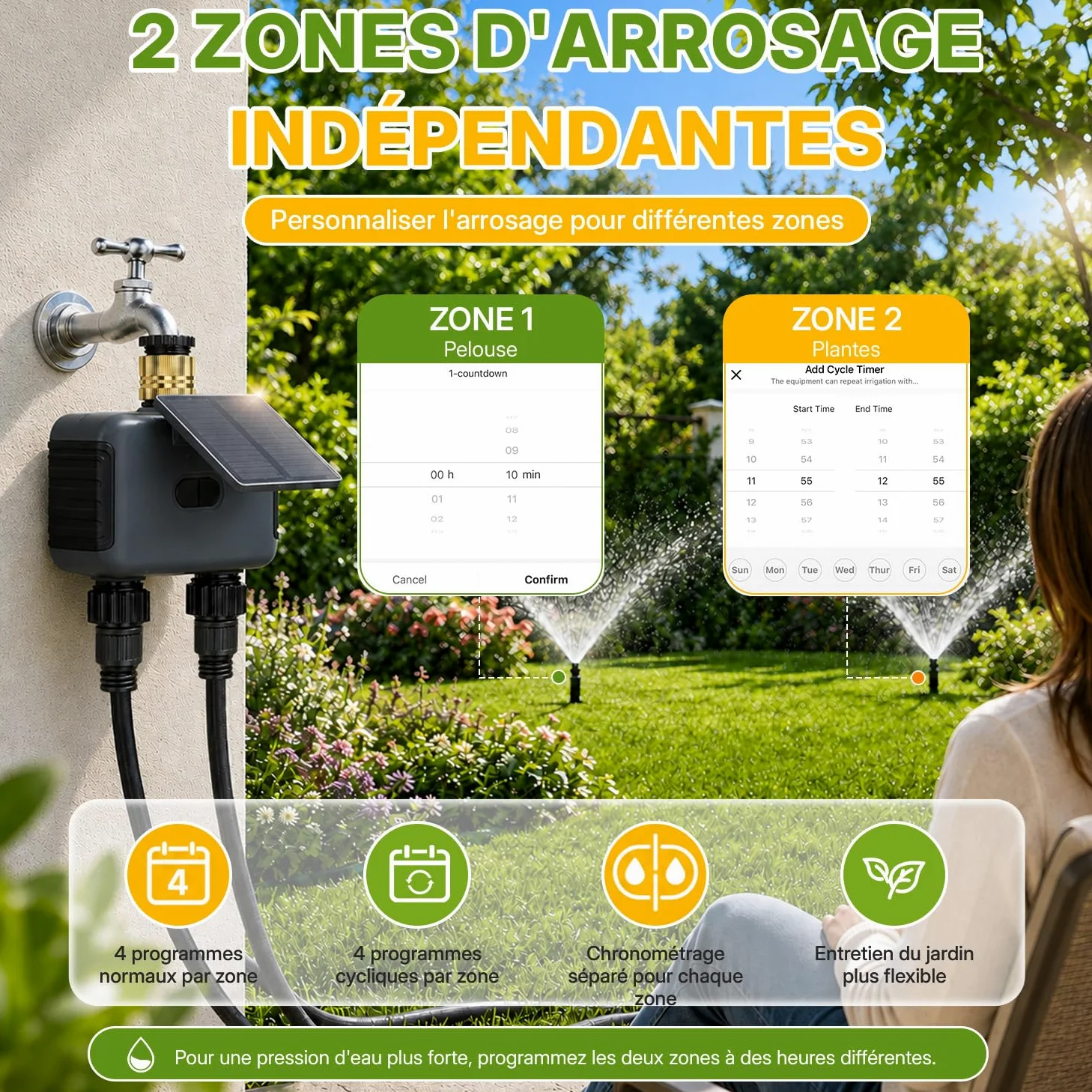 Mcbazel Programmateur d’Arrosage Automatique WiFi à 2 Sorties pour Jardin et Pelouse, avec Panneau Solaire Rechargeable, Conception Étanche IP55, Compatible Application Smart Life et Assistants Vocaux