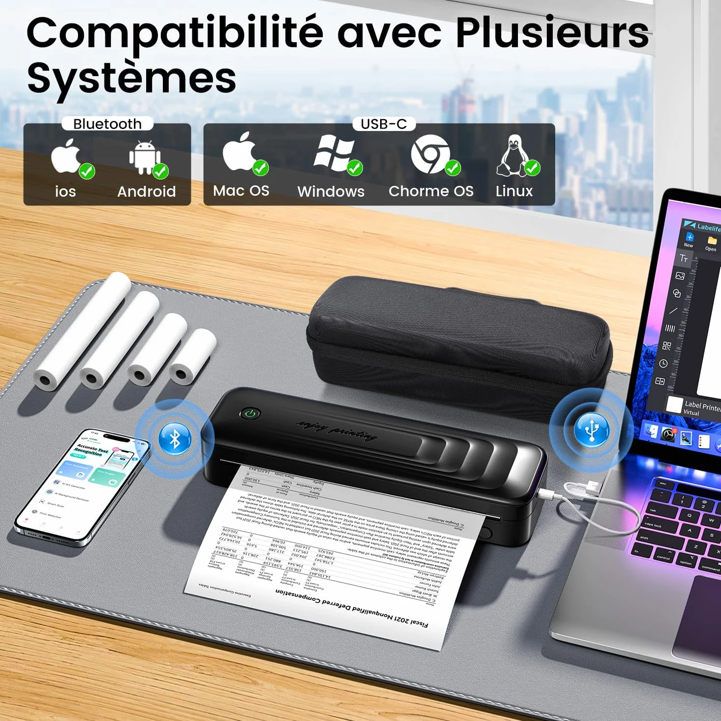 TATTMUSE Imprimante Thermique A4 Portable Bluetooth sans Encre pour Voyage, Noir