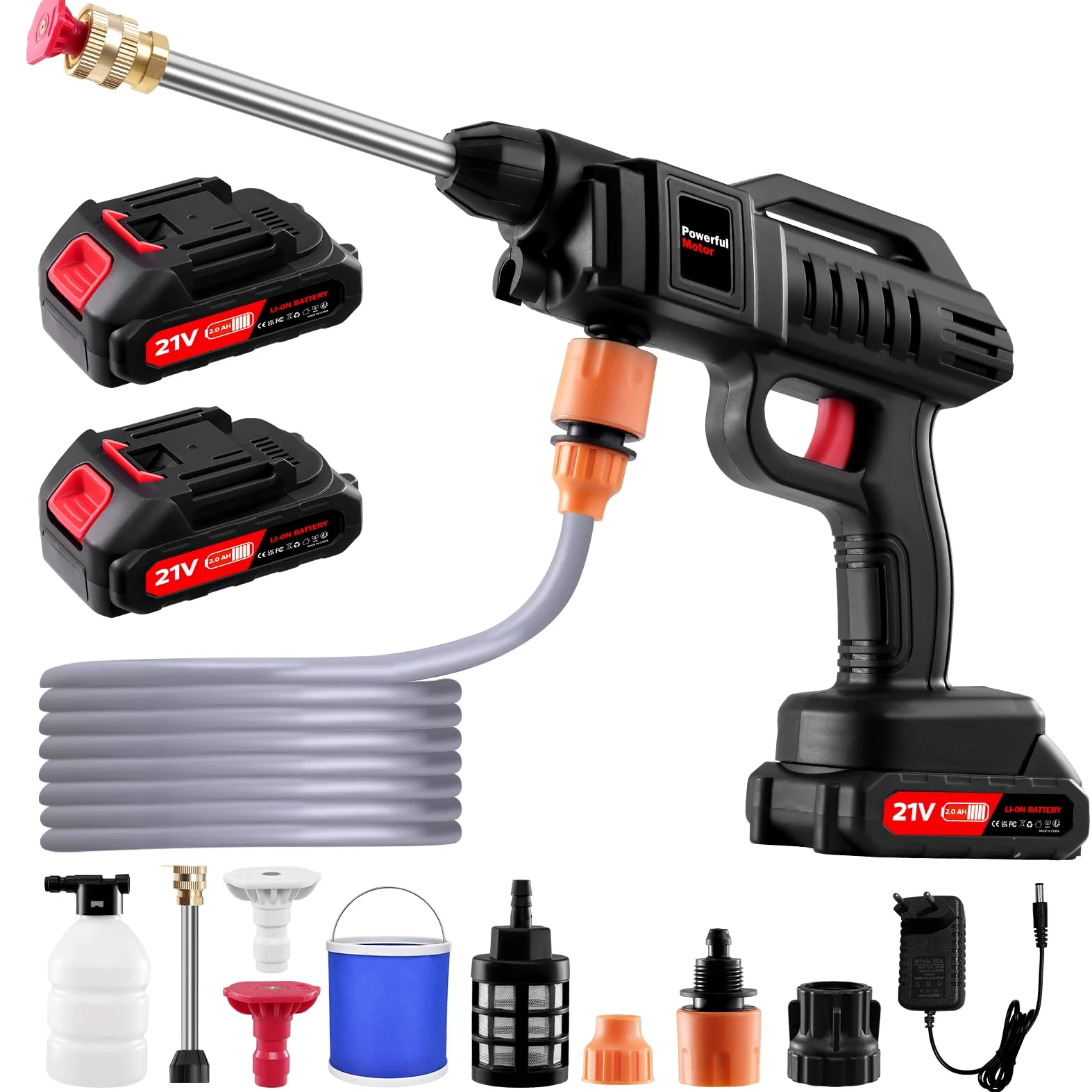 Nettoyeur Haute Pression Buse, 3000W 21V Nettoyeur Haute Pression sans Fil avec 2 Batteries, Nettoyeur Haut Pression Batterie avec Tuyau, Pot en Mousse, Adapté pour Nettoyer Les Voitures, Sols