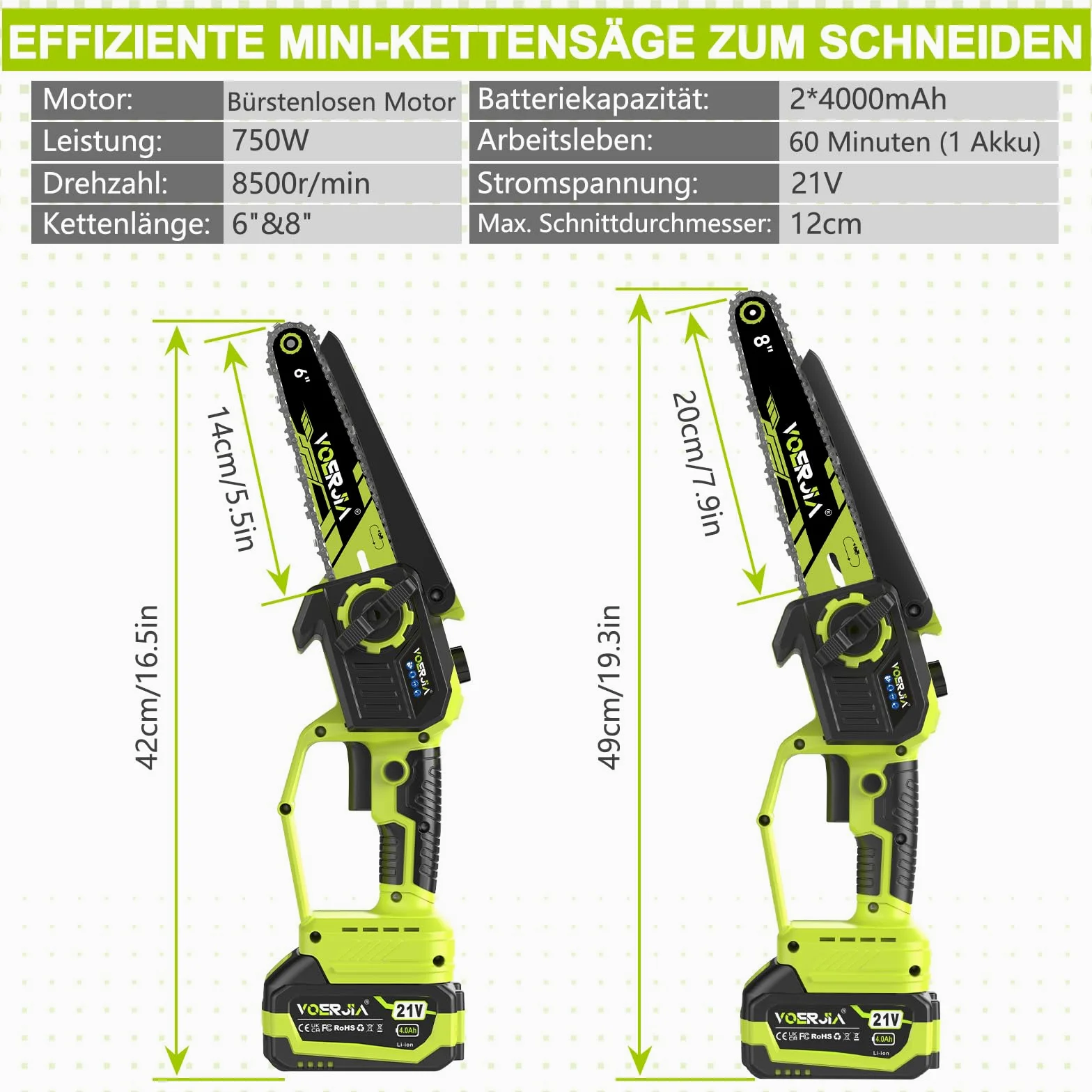 VOERJIA Mini Tronçonneuse à Batterie 21V avec Moteur Brushless et Lubrification Automatique, Élagueuse Électrique sans Fil 6 et 8 Pouces, 2 x 4.0Ah Batteries (LCD), pour Élagage, Jardinage