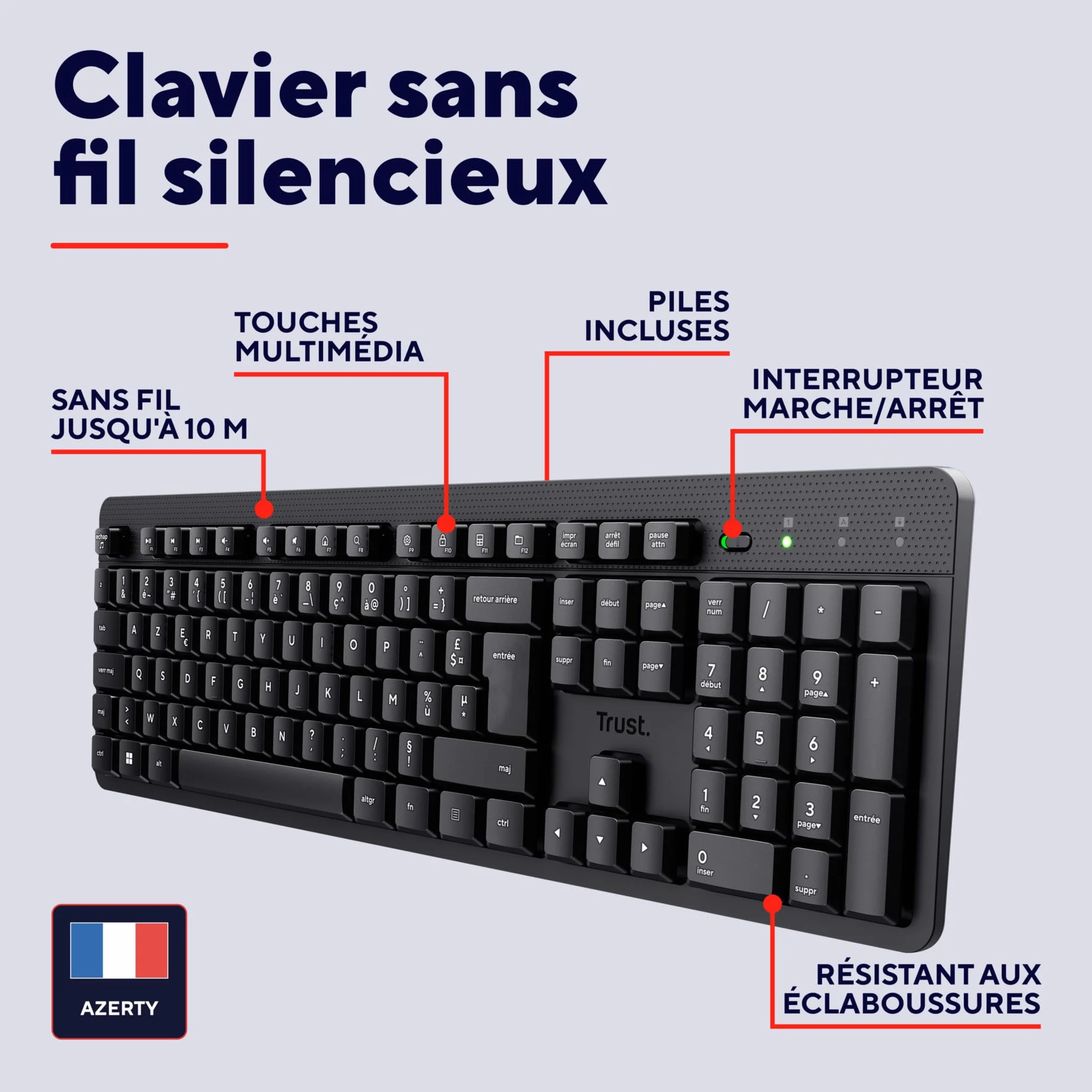 Clavier sans Fil Silencieux AZERTY Français Trust ODY II, Touches Plates Flottantes, Résistant aux Éclaboussures, Récepteur USB RF 2.4GHz, Noir
