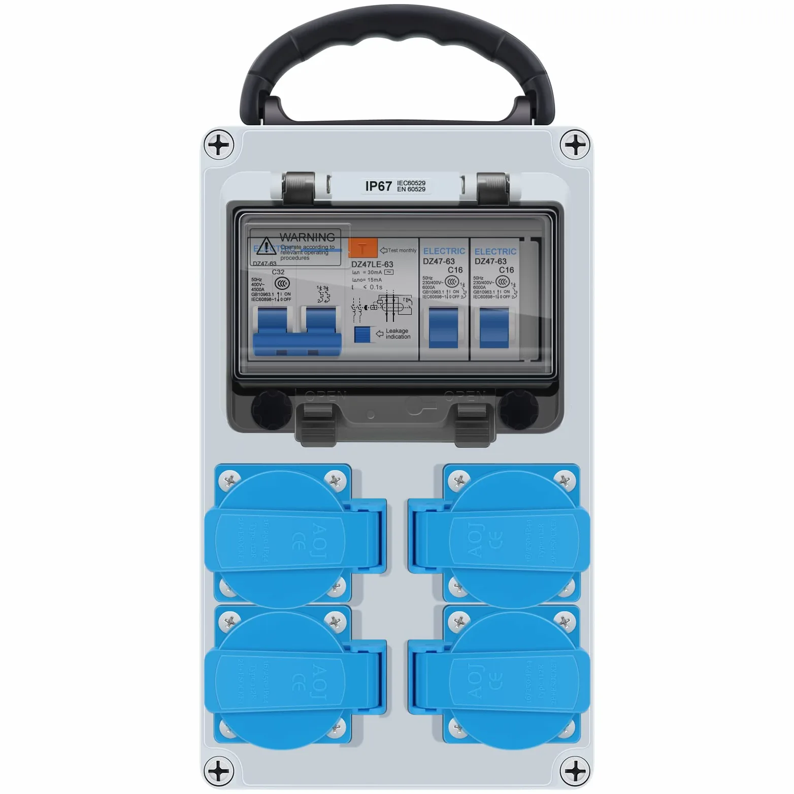 HITRENDS Répartiteur de courant de construction mural pré-câblé, 4 prises Schuko 230 V, 1 interrupteur FI 32 A + 2 interrupteurs LS 16 A, boîtier étanche IP67 pour l'intérieur et l'extérieur