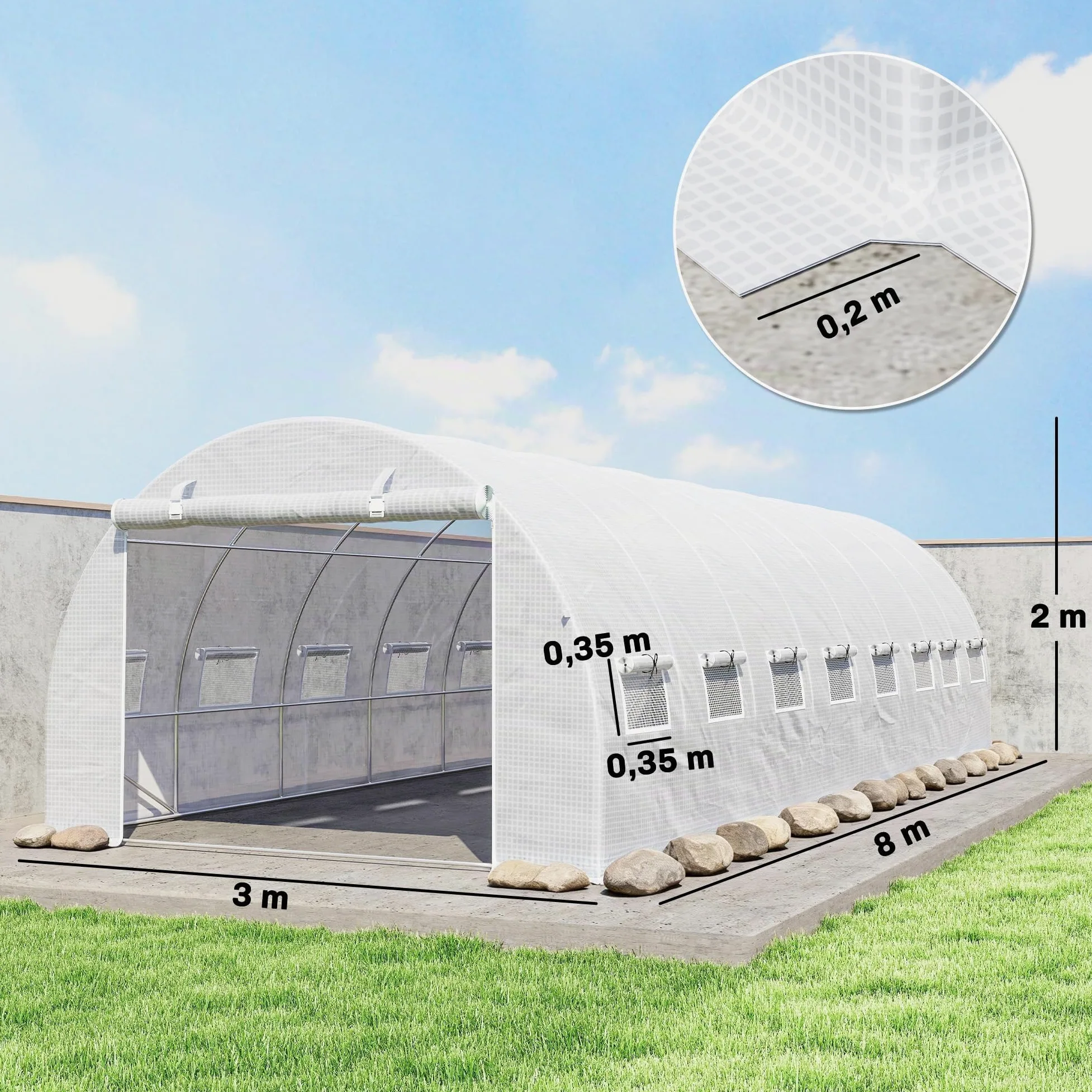 Outsunny Serre de Jardin Tunnel 24m² 8L x 3l x 2H m - 16 Fenêtres Blanc | Porte Zippée Enroulable, Châssis Tubulaire Acier Galvanisé, Bâche PE Haute Densité