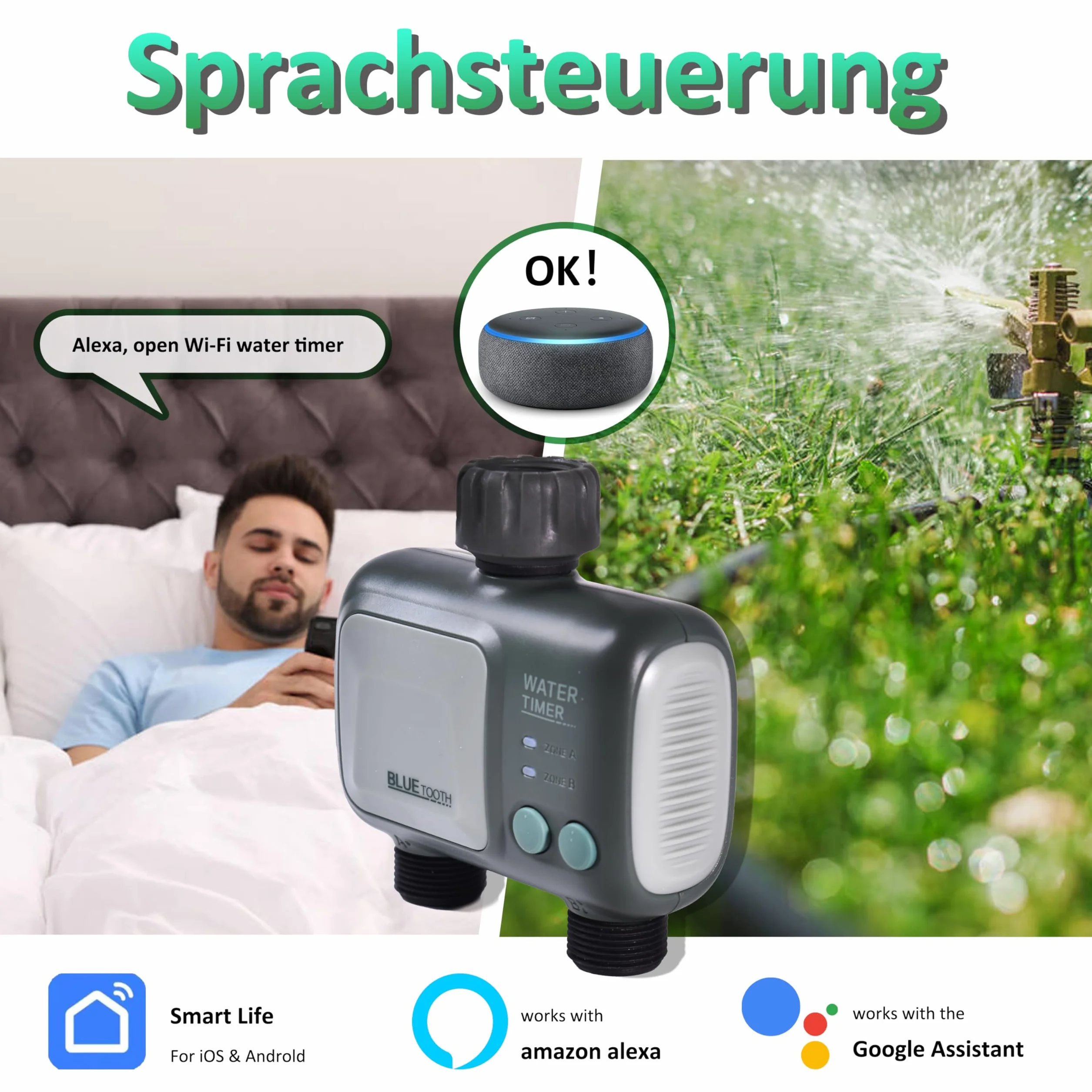 Johgee Programmateur Arrosage WiFi Bluetooth 2 Sorties IPX5 Arrosage Automatique Jardin Pelouse