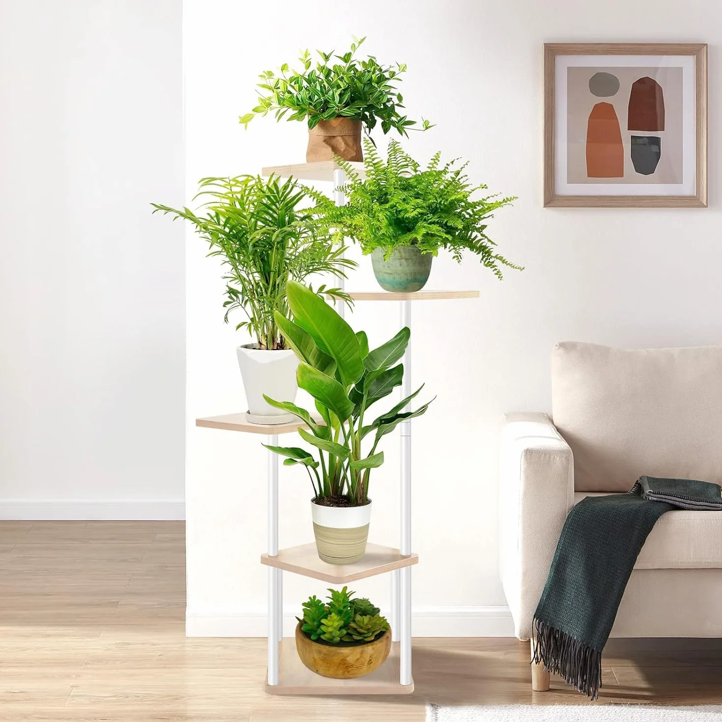 Étagère pour Plantes D'intérieur 106CM Haut Support en Bois pour Salon Terrasse Balcon Jardin (Blanc)