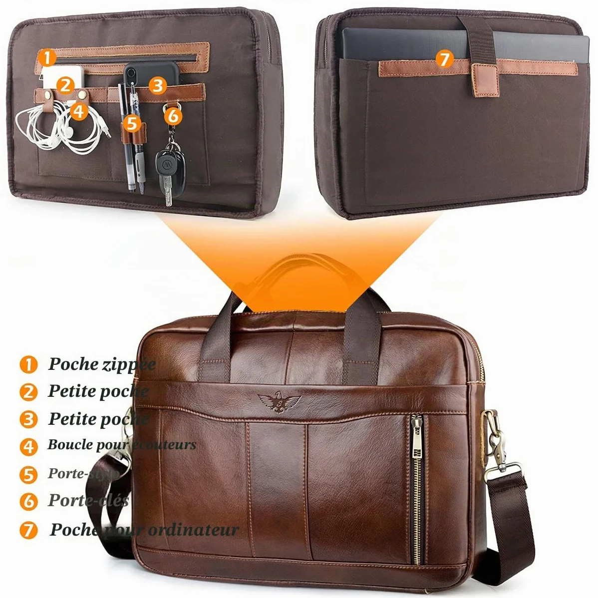 Sacoche Ordinateur Homme Cuir Véritable 15,6 Pouces Bandoulière Sac Porte Document Business