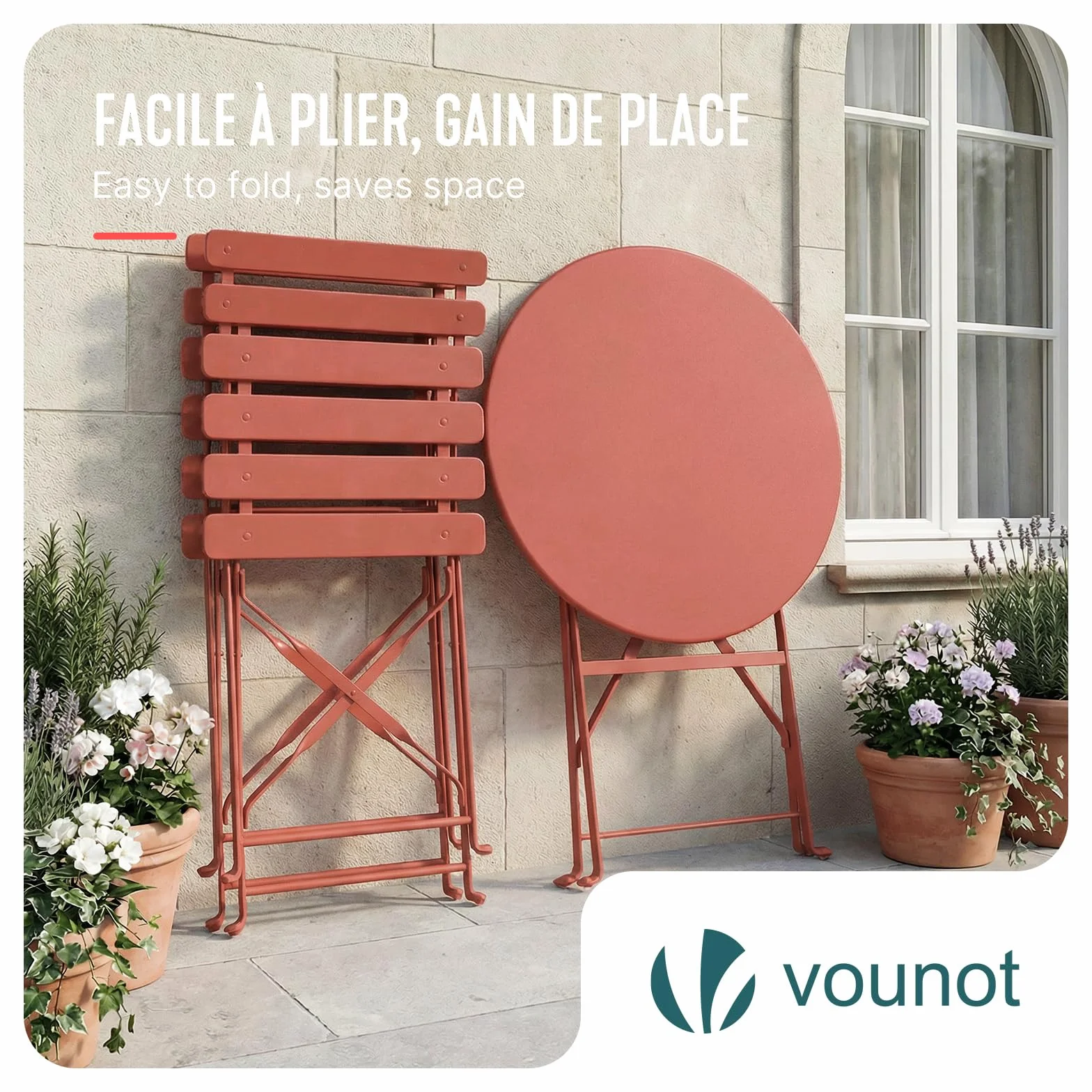 Vounot Ensemble de Bistrot Pliant 3 Pièces Métal Rouge Brique Jardin