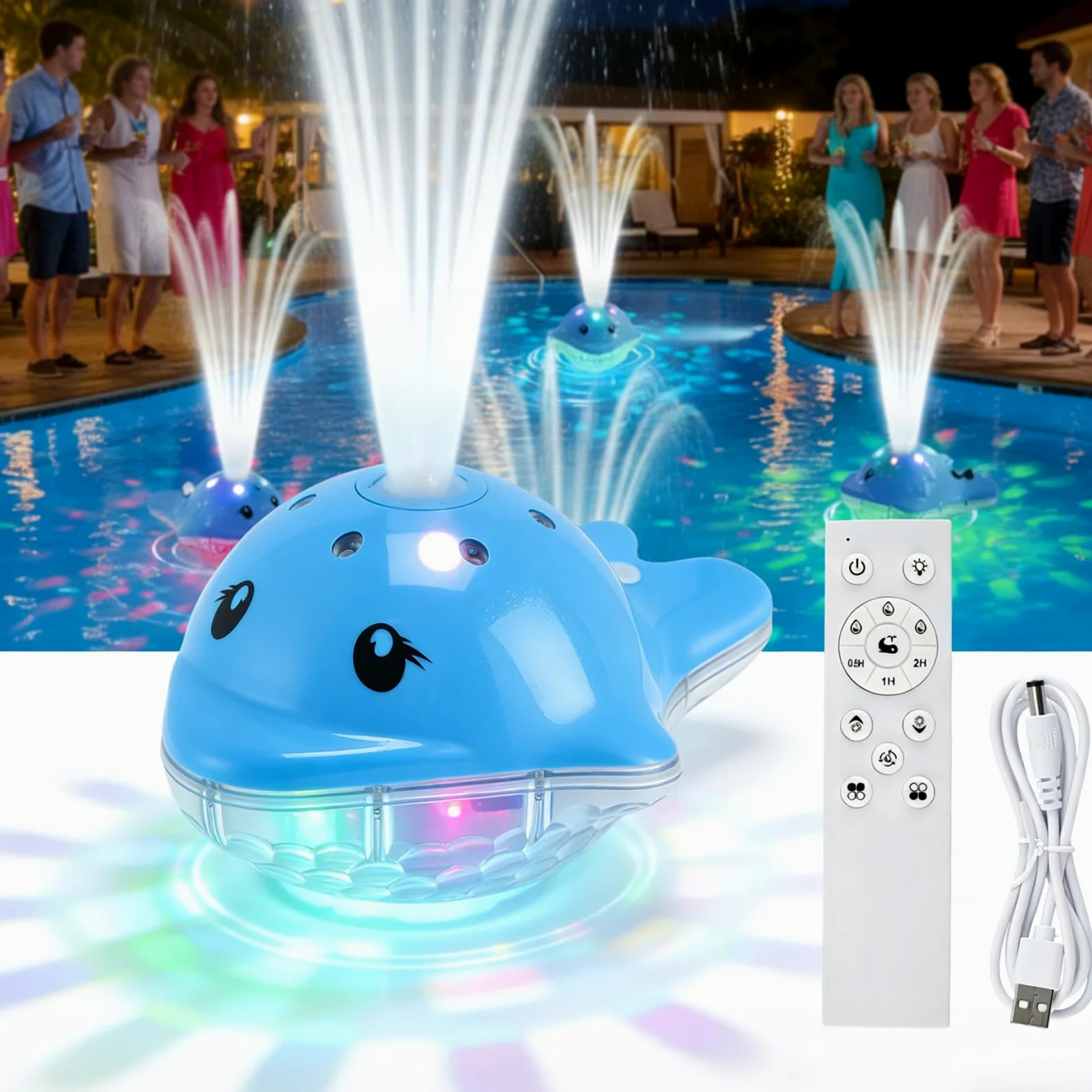 Fontaine pour Piscine avec Lumières, Éclairage Flottant avec Télécommande, 12 Modes Couleur, 2 Réglages Jet, Rechargeable – pour Bassins Hors Sol Et Enterrés