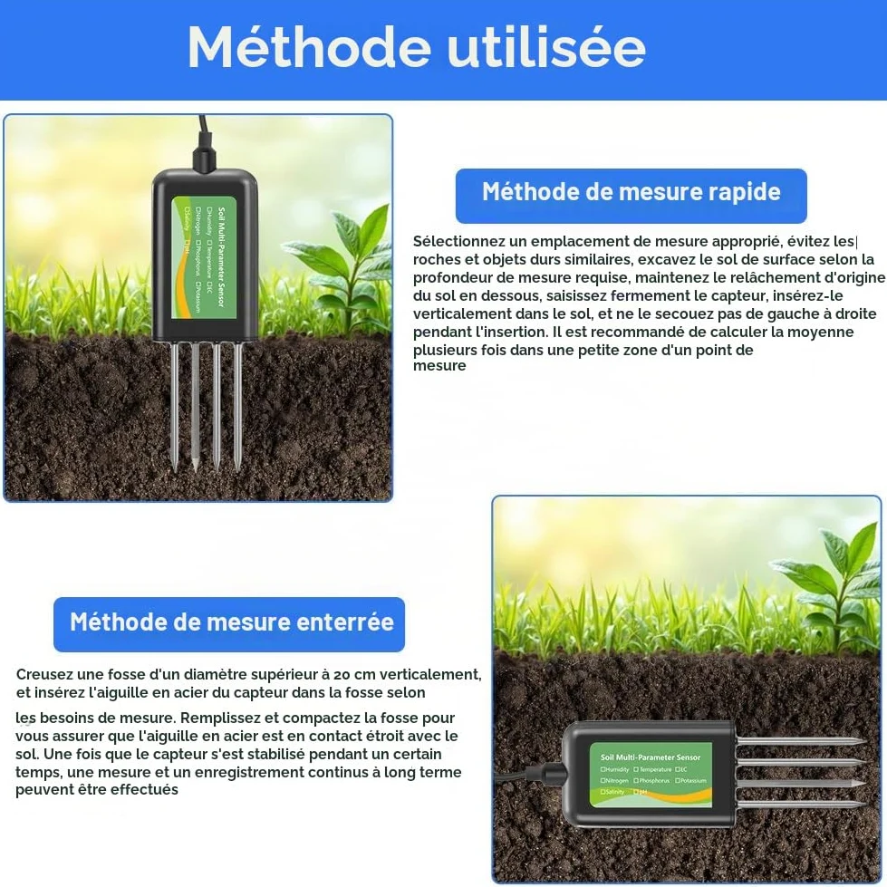 Testeur de sol USB 8 en 1, capteur de sol, testeur numérique des sols avec analyse du pH, de la température, de l'humidité et des nutriments NPK