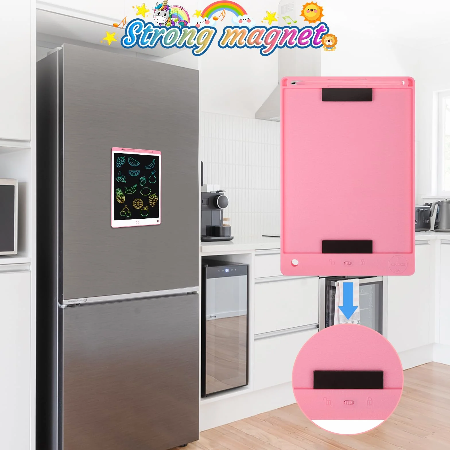 Tablette Dessin Enfant 10.5 Pouces Écriture LCD avec Bouton Suppression Interrupteur Verrouillage Rose