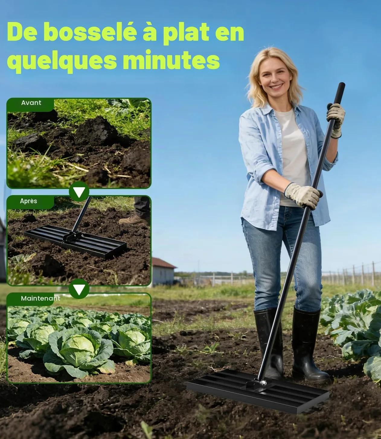 Râteau de Nivellement de Pelouse Jardin Aménagement, 2100x 430x 300 mm Râteau Niveleur Inoxydable avec Poignée de 2 m de Long, Robuste Nivellement Rateau Les Cour arrière et Les Terrain de Golf