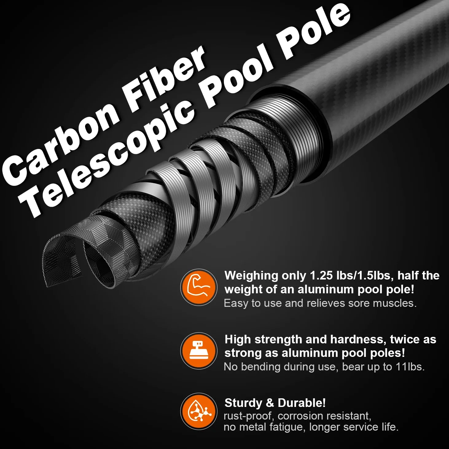 Perche télescopique de 4,6 m pour épuisette de Piscine, rallonge en Fibre de Carbone, réglable de 1,4 m à 4,6 m, pour Le Nettoyage des piscines et bassins de Jardin