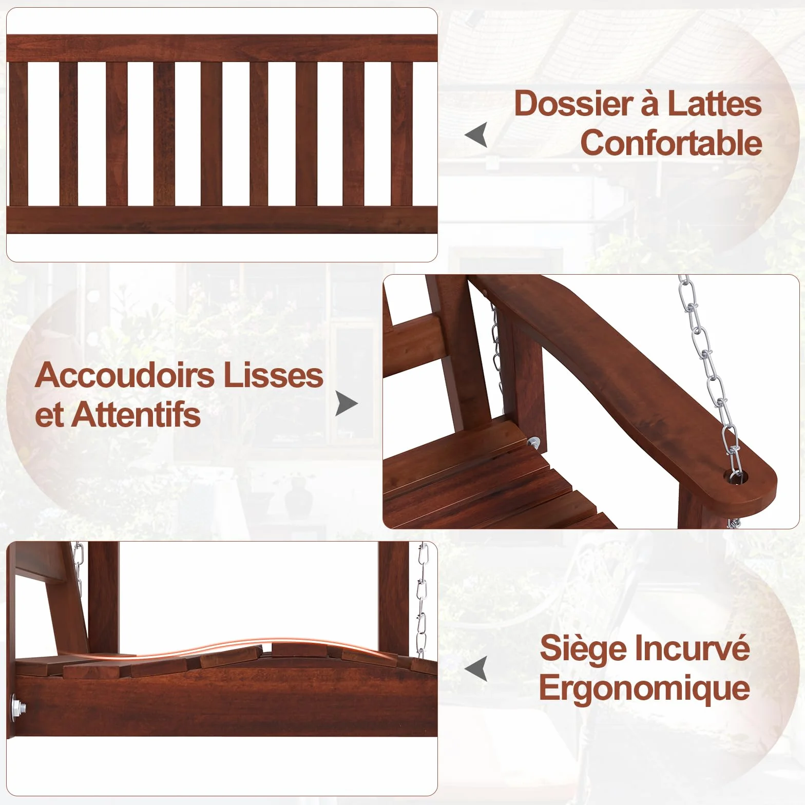 GOPLUS Balançelle Jardin 2/3 Places Extérieur Chaise Hamac Suspension Bois 230/360KG 136x67x63CM Marron