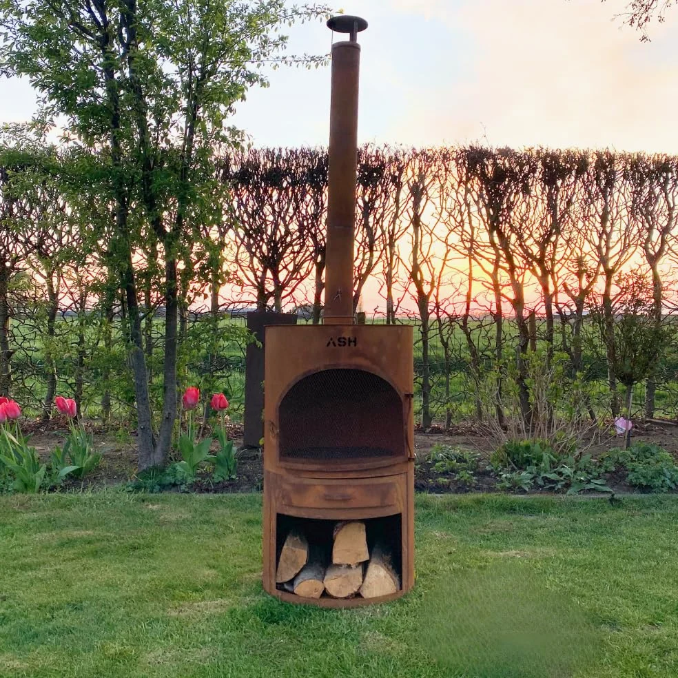 Foyer de terrasse - Poêle à bois - Barbecue - Chauffage de terrasse - Cheminée de jardin avec cheminée - Acier Corten - Ash Sunset