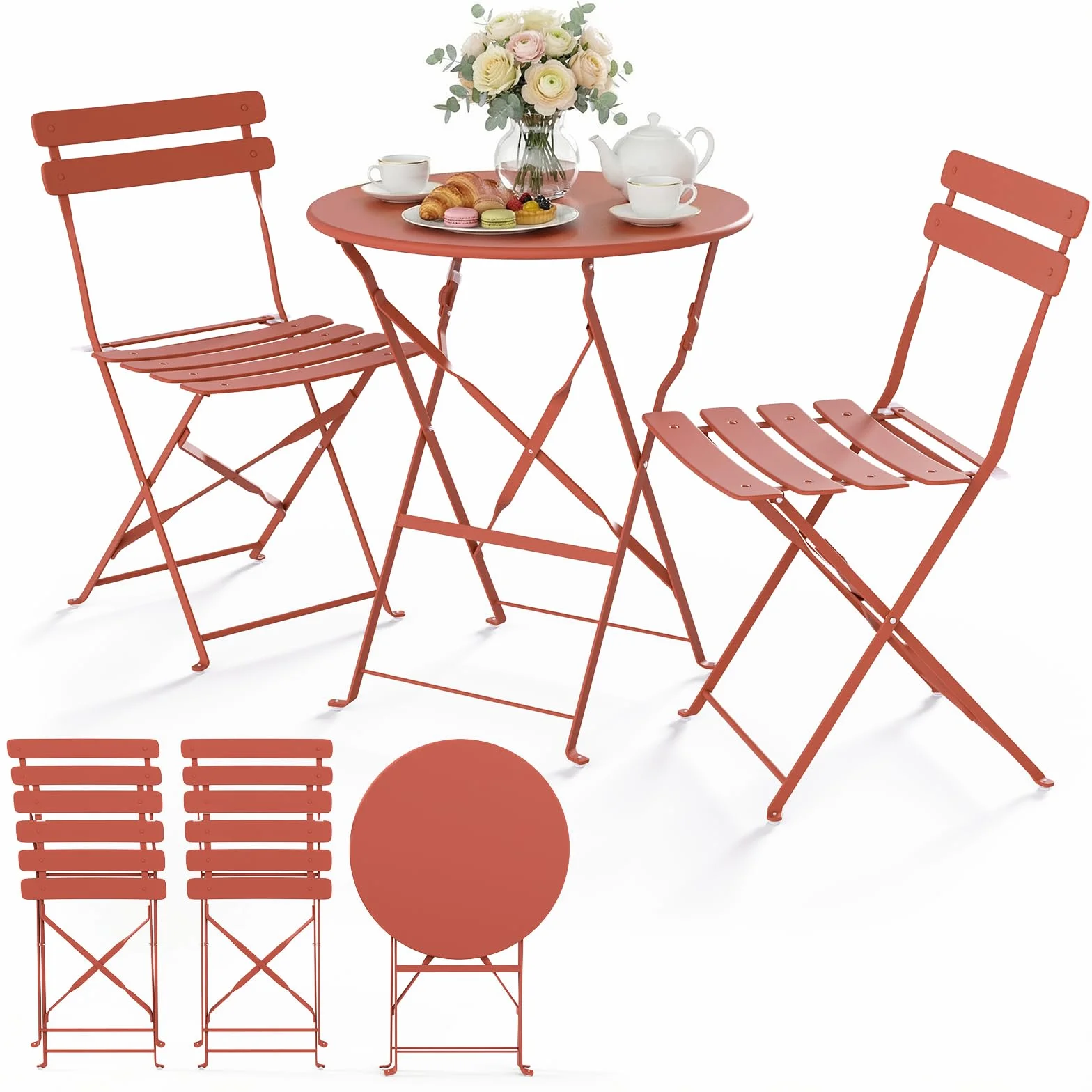 Vounot Ensemble de Bistrot Pliant 3 Pièces Métal Rouge Brique Jardin