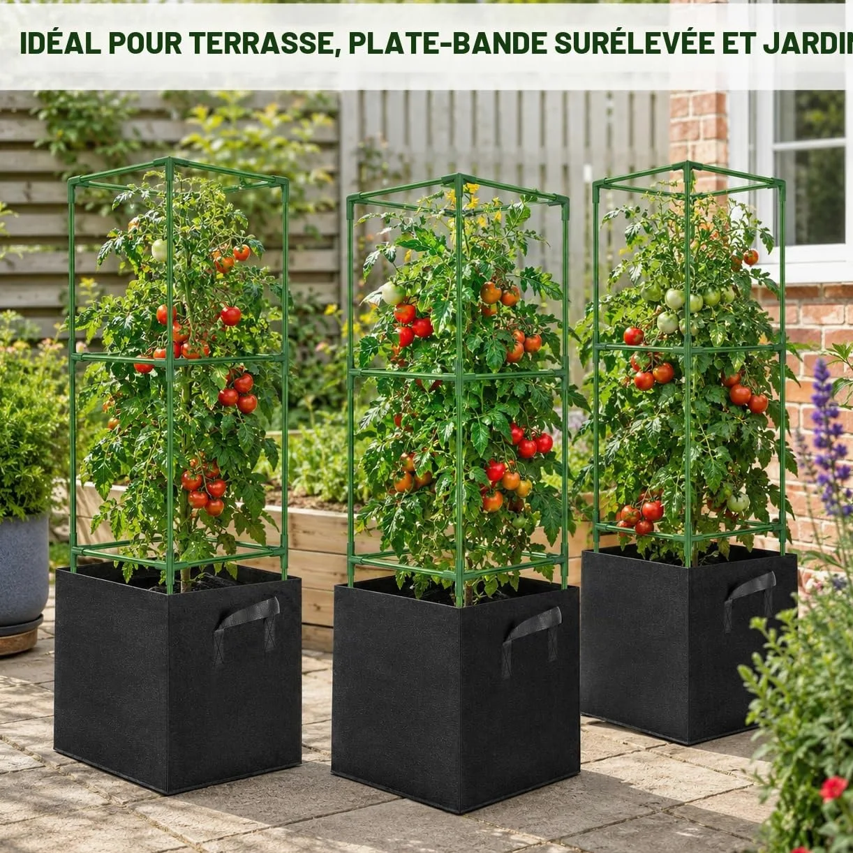 Tuteurs pour tomates avec Sacs de Culture 57 L, Lot de 3 Cages carrées en Acier 120 cm, Supports réglables pour Plantes grimpantes, Balcon, Jardin et Serre