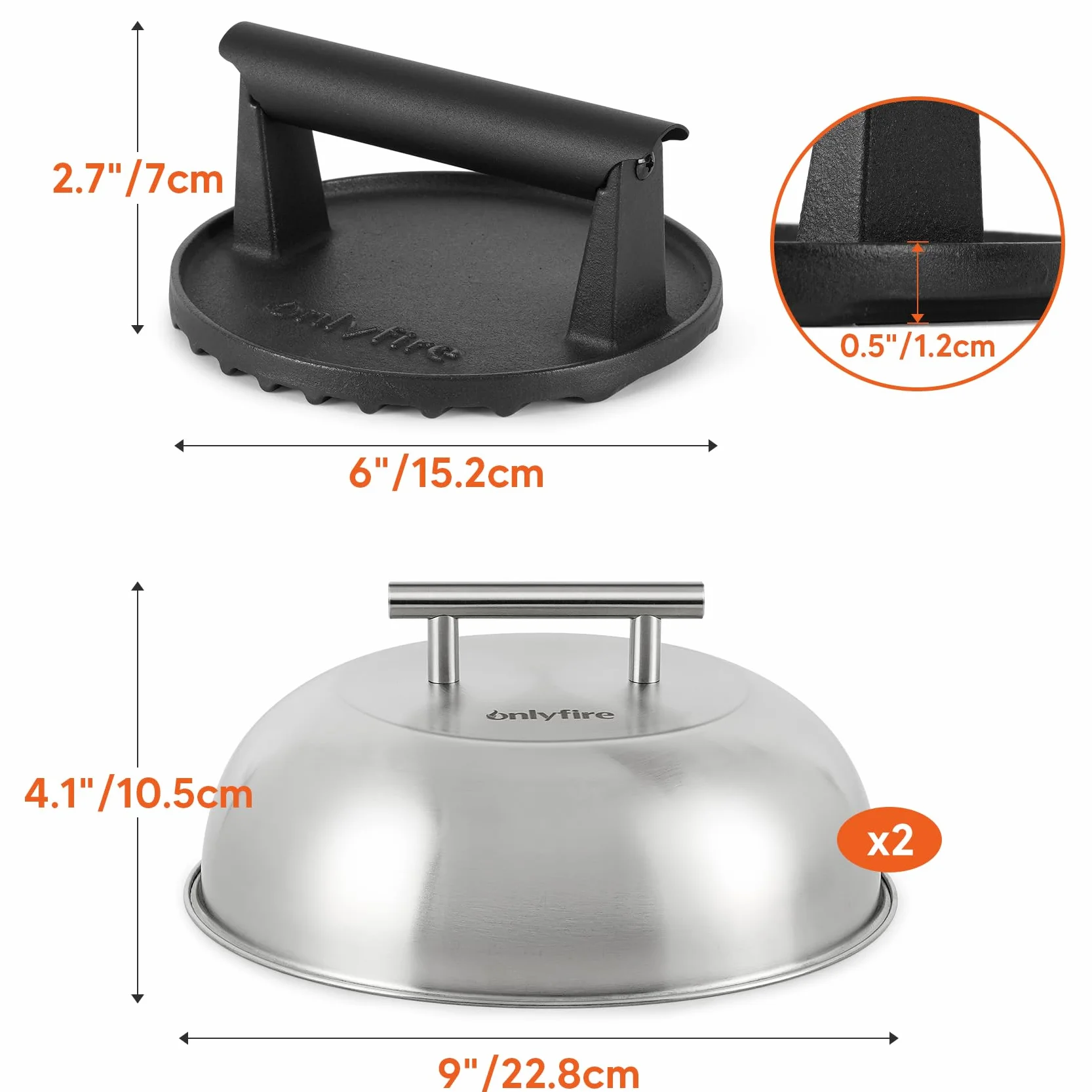 Onlyfire Set Smash Burger 3 Pièces, Presse à Burger Fonte et 2 Cloches Cuisson Acier Inoxydable, Kit Plancha Barbecue