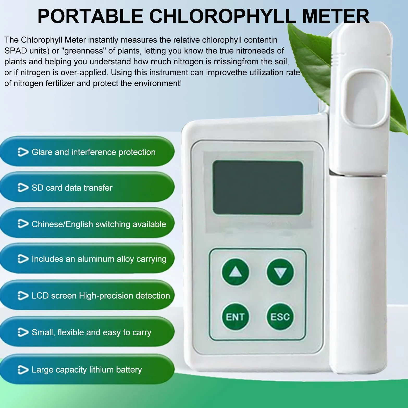 Humidimètre chlorophylle - Testeur de température et d'azote pour la nutrition des plantes et la surveillance de la santé