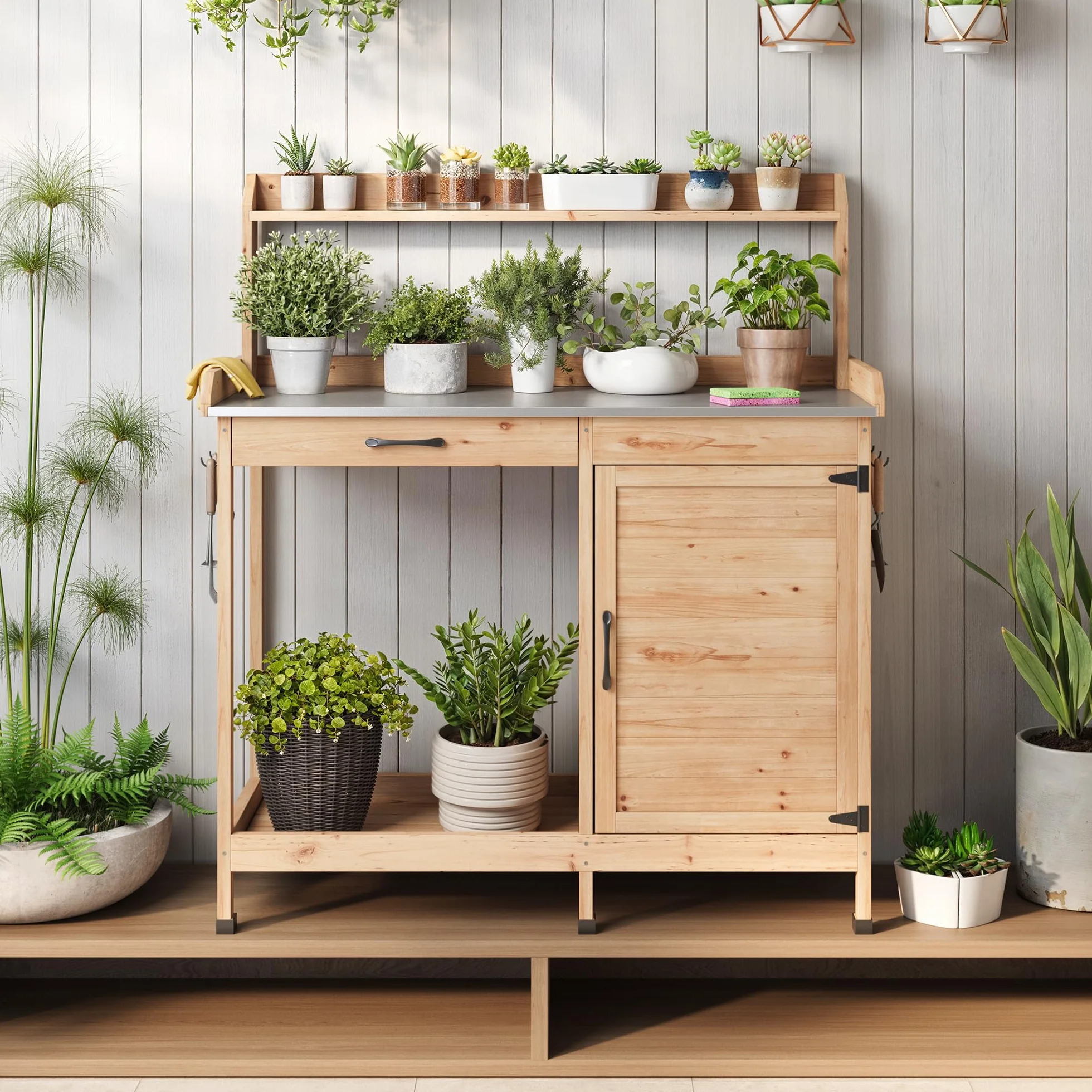 Table de Jardinage Bealife pour Plantes avec Banc, 111,6 x 46,5 x 125 cm, Naturel