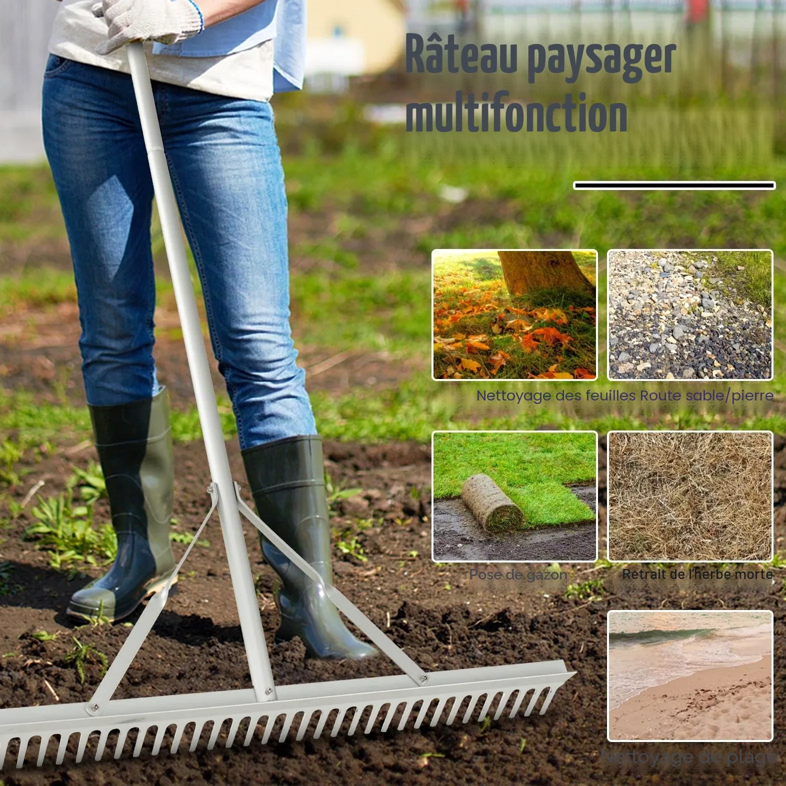 SOARS Râteau Jardin en Aluminium, Large Tête de 91 CM avec 36 Dents, Manche 174 CM, Aérateur Gazon pour l'Entretien de la Pelouse, Paysage (Style B)