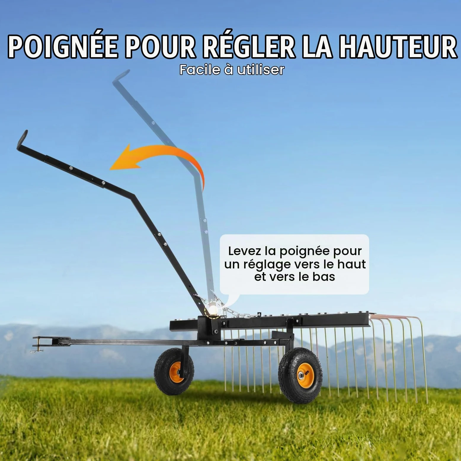VEVOR Râteau déchaumeur de remorquage, 1500 mm, râteau déchaumeur remorqué de pelouse avec 24 Dents en Acier pour VTT ou Tondeuse, râteau avec poignée de Levage pour Feuilles, Aiguilles de pin, Herbe