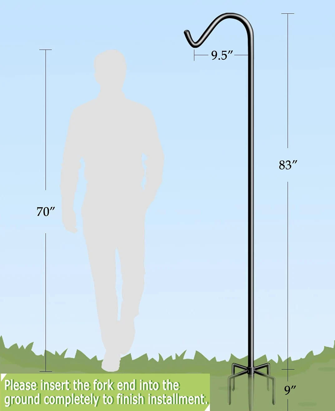 Garbuildman Lot de 1 crochet de berger de 233,7 cm de haut avec base à 5 fourchettes, support réglable et robuste pour mangeoire à oiseaux, pour extérieur, noir brillant