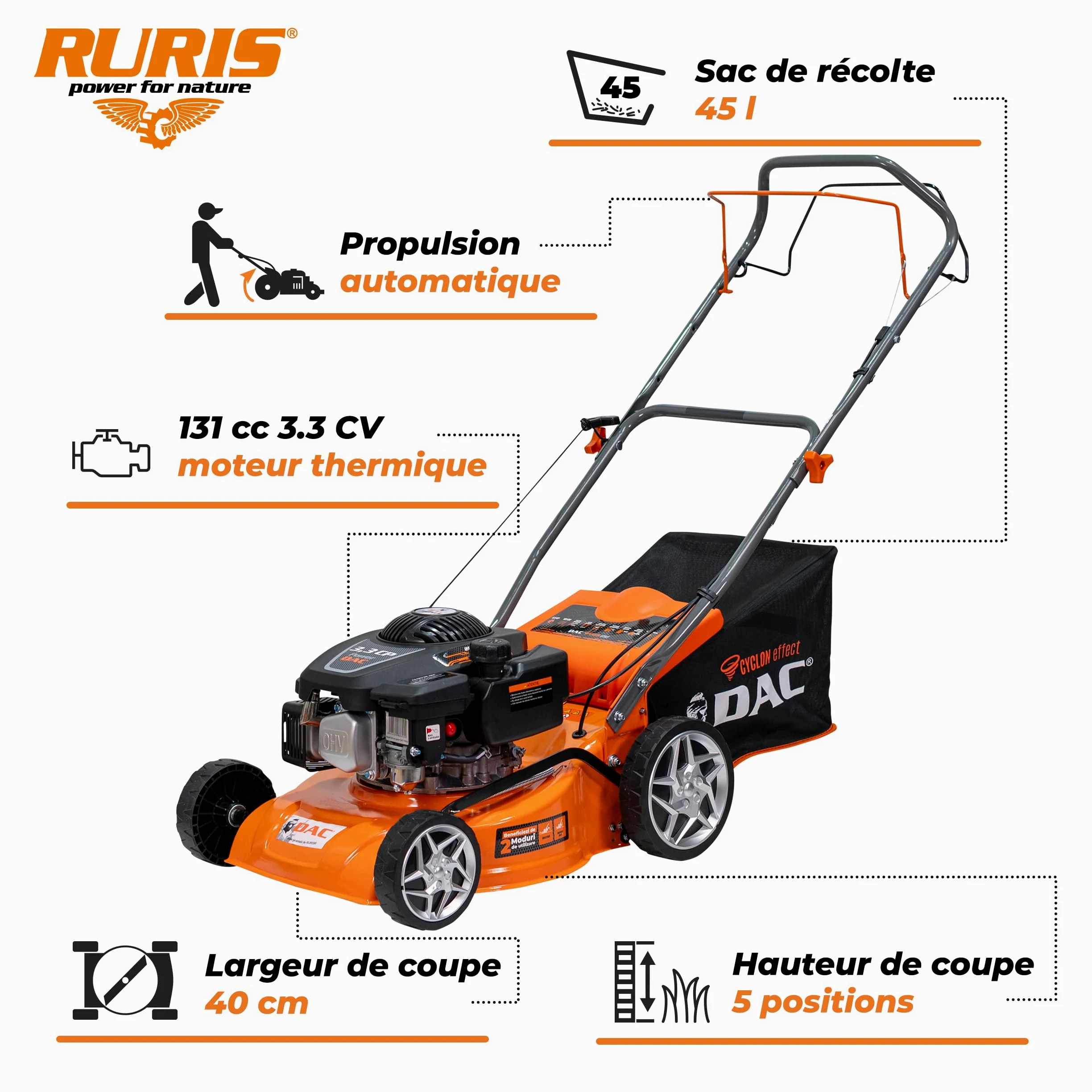 RURIS Tondeuse à Gazon Thermique Autotractée DAC 110XLS – Moteur 3,3 CV 131 CC, Largeur de Coupe 400 mm, Hauteur réglable 25-65 mm, bac 45 L, éjection arrière, châssis en métal
