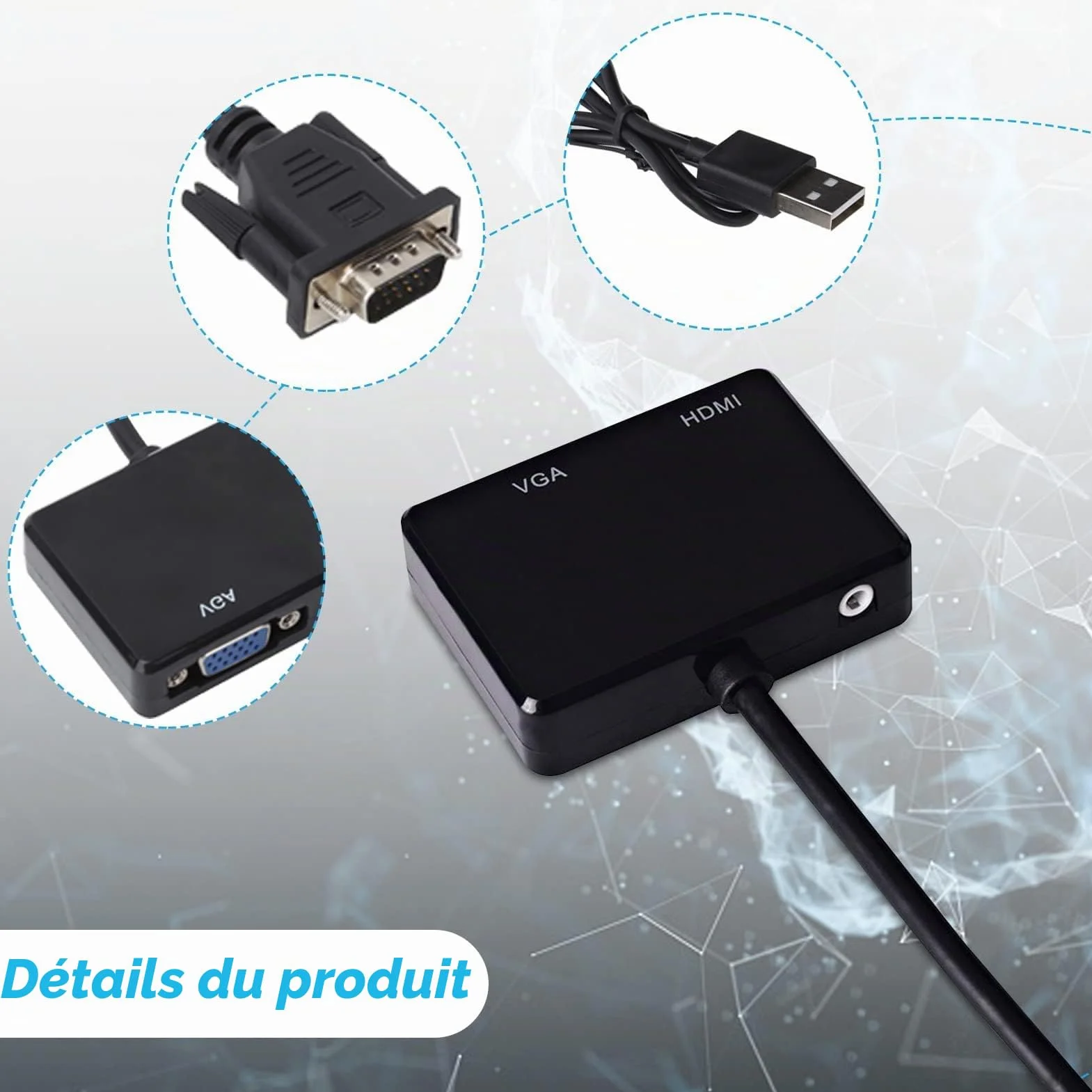 Agatige Adaptateur VGA vers HDMI 1080P Convertisseur Répartiteur 1 en 2 Sorties pour PC Projecteur Noir