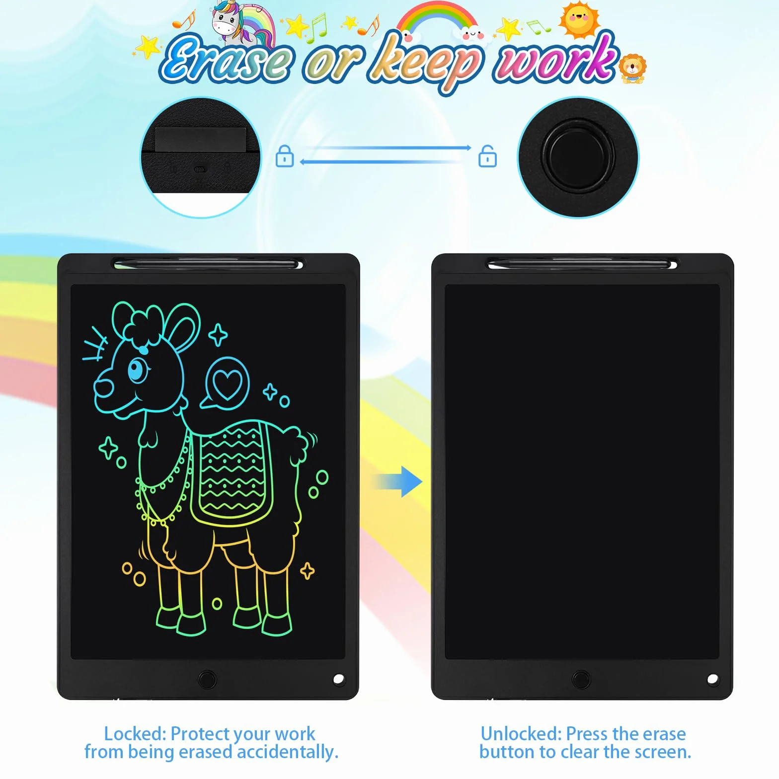 Tablette Dessin Enfant 13 Pouces Écriture LCD avec Bouton Suppression Verrouillage Noir