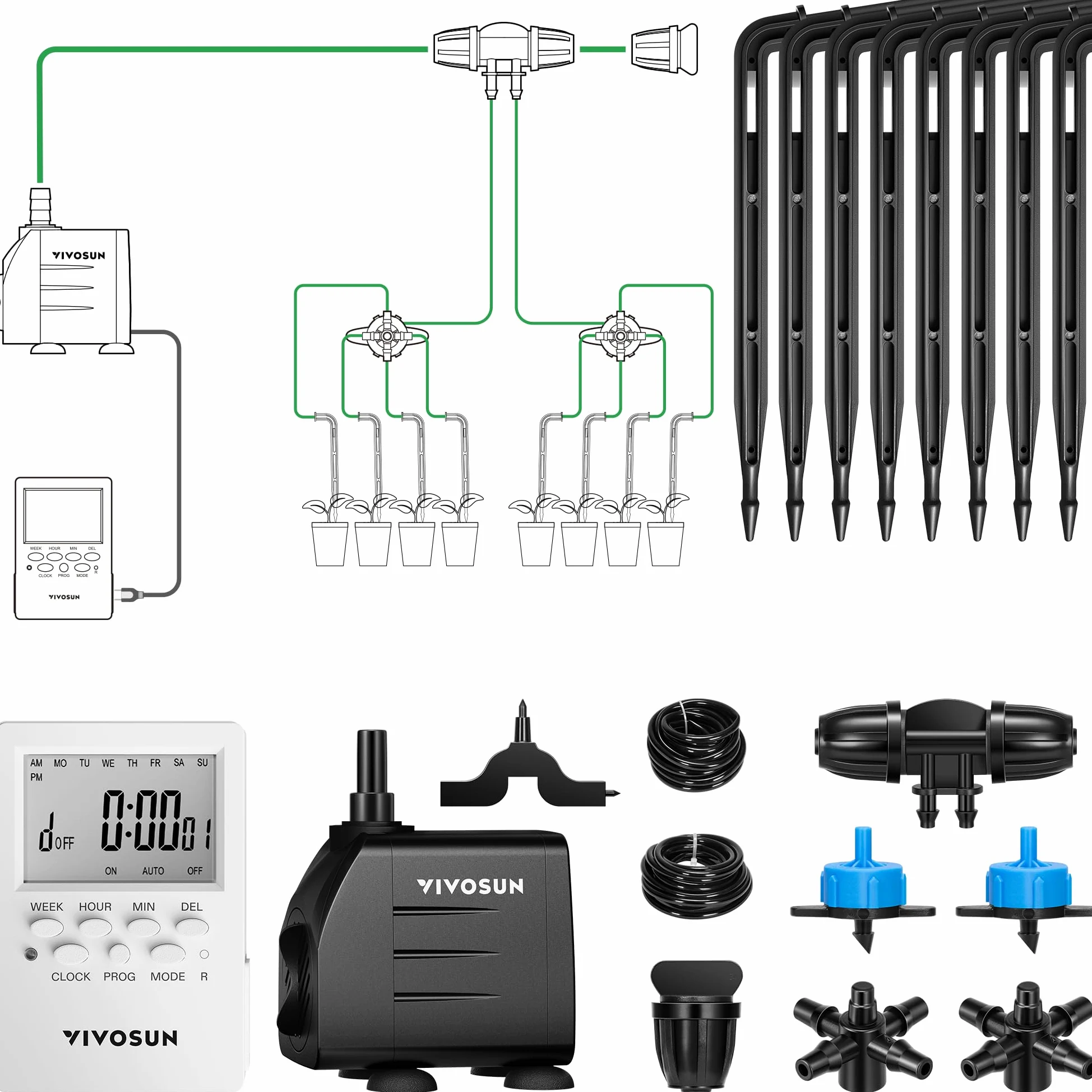 VIVOSUN Kit Professionnel d'Irrigation par Goutte-à-Goutte Automatique, Puissance de Sortie 15W, Kit de Culture Professionnel Tout-en-Un — Comprend Pompe, Minuterie et Régulateur