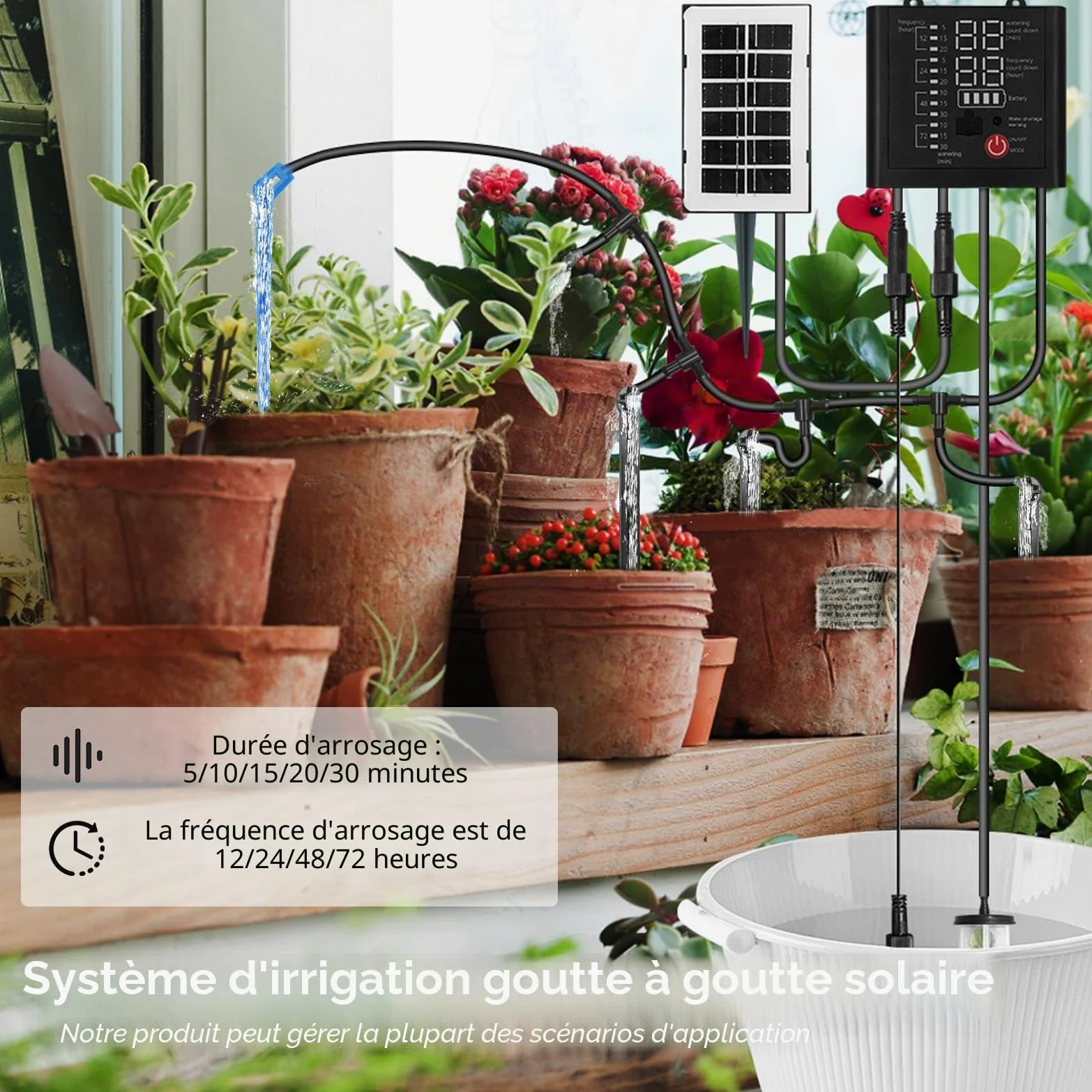 Système d'irrigation solaire, arrosage automatique, système d'irrigation goutte à goutte avec 12 modes de minuterie, capteur d'eau, tuyau de 15 m pour jardin, balcon, plantes, plantes en pot, vacances