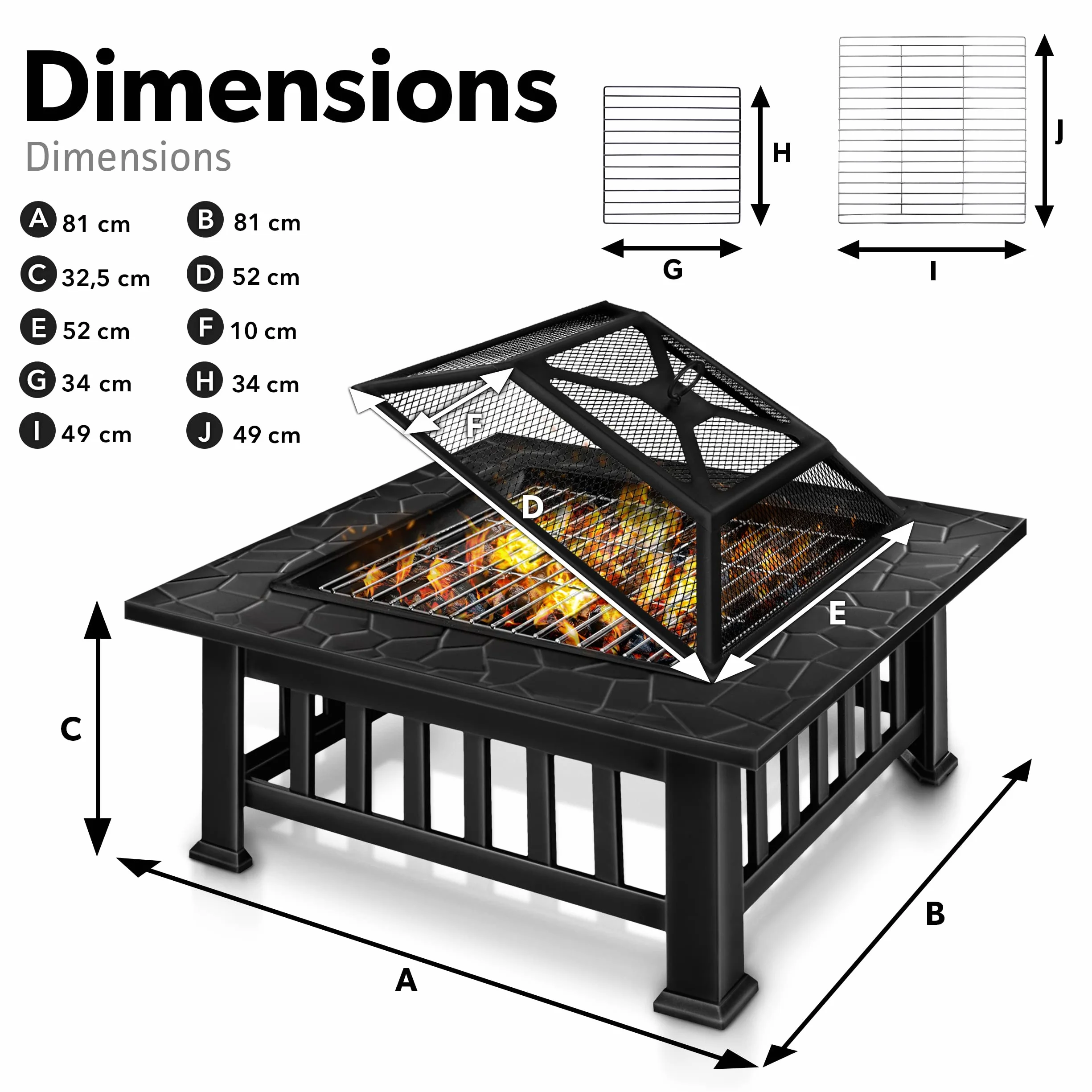 Tillvex Brasero Extérieur BBQ Jardin Terrasse Chauffage Gril Charbon Couvercle Feu Barbecue Tisonnier