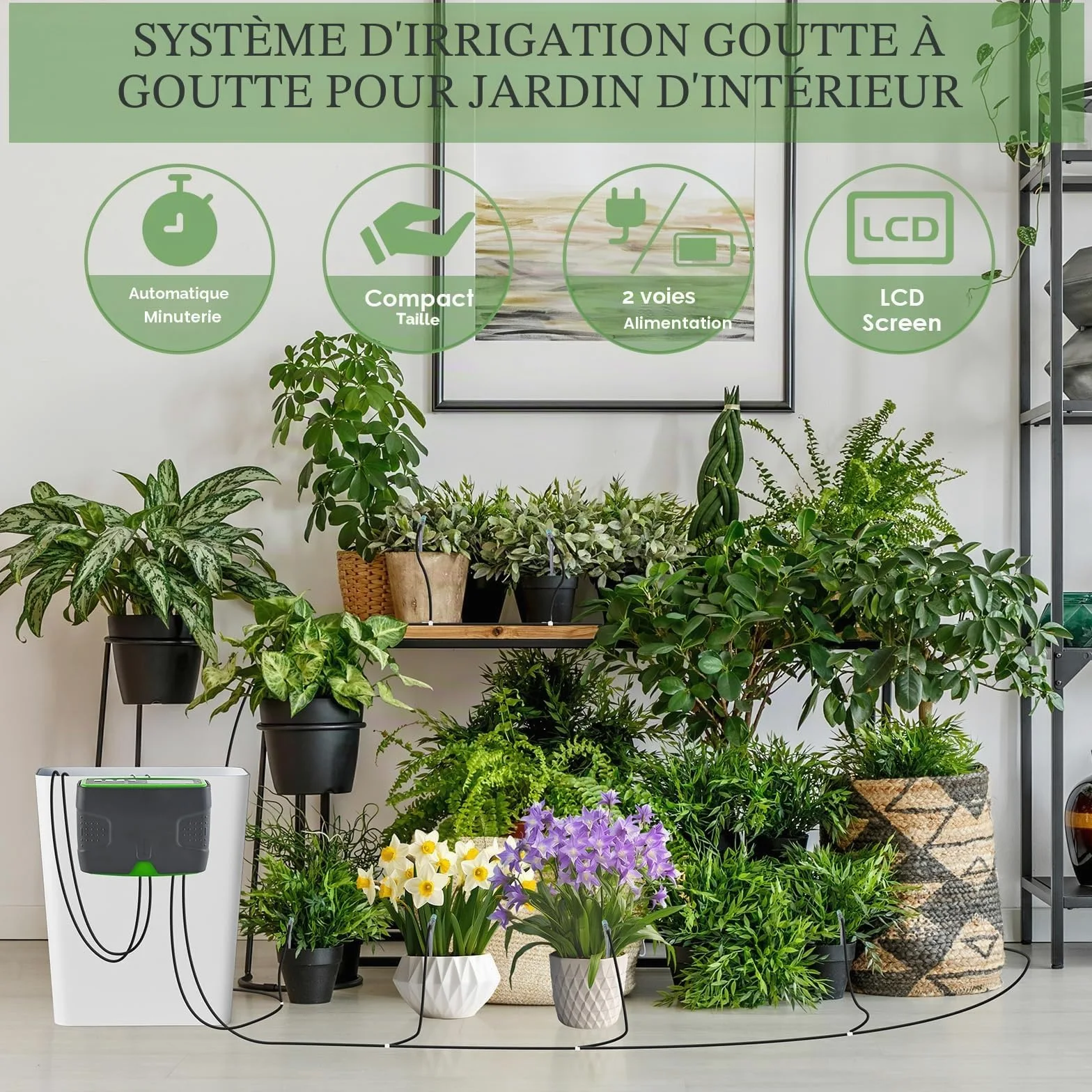Arrosage automatique intérieur, système d'irrigation avec double pompe, contrôle indépendant, quantité d'eau réglable, kit d'irrigation goutte à goutte DIY pour 20 plantes en pot, idéal comme système