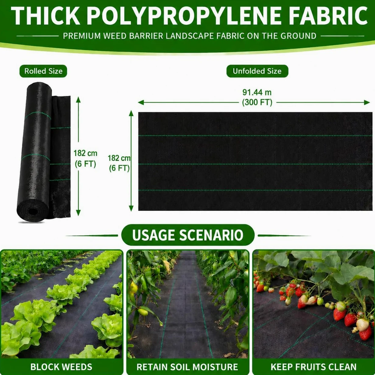 Toile anti-mauvaises herbes - 1,83 m x 91,4 m - Avec grille pour plantes - Film anti-mauvaises herbes robuste pour jardin, plate-bande surélevée et allée - Respirant et perméable à l'eau