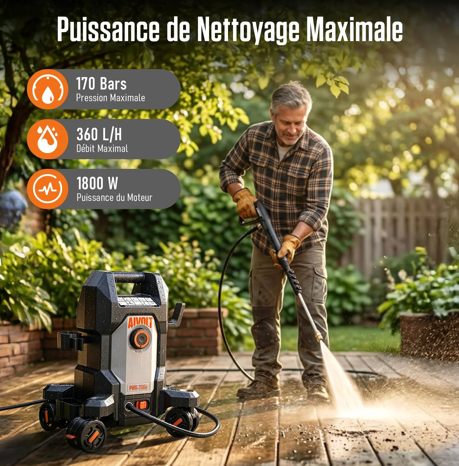 AIVOLT Nettoyeur Haute Pression 1800W, 170 Bars | avec 5 Buses à Modes Différents et Tuyau de 7,6 Mètres, Débit Maximal 360 L/H, pour Maison, Sols, Fenêtres, Voiture, etc.