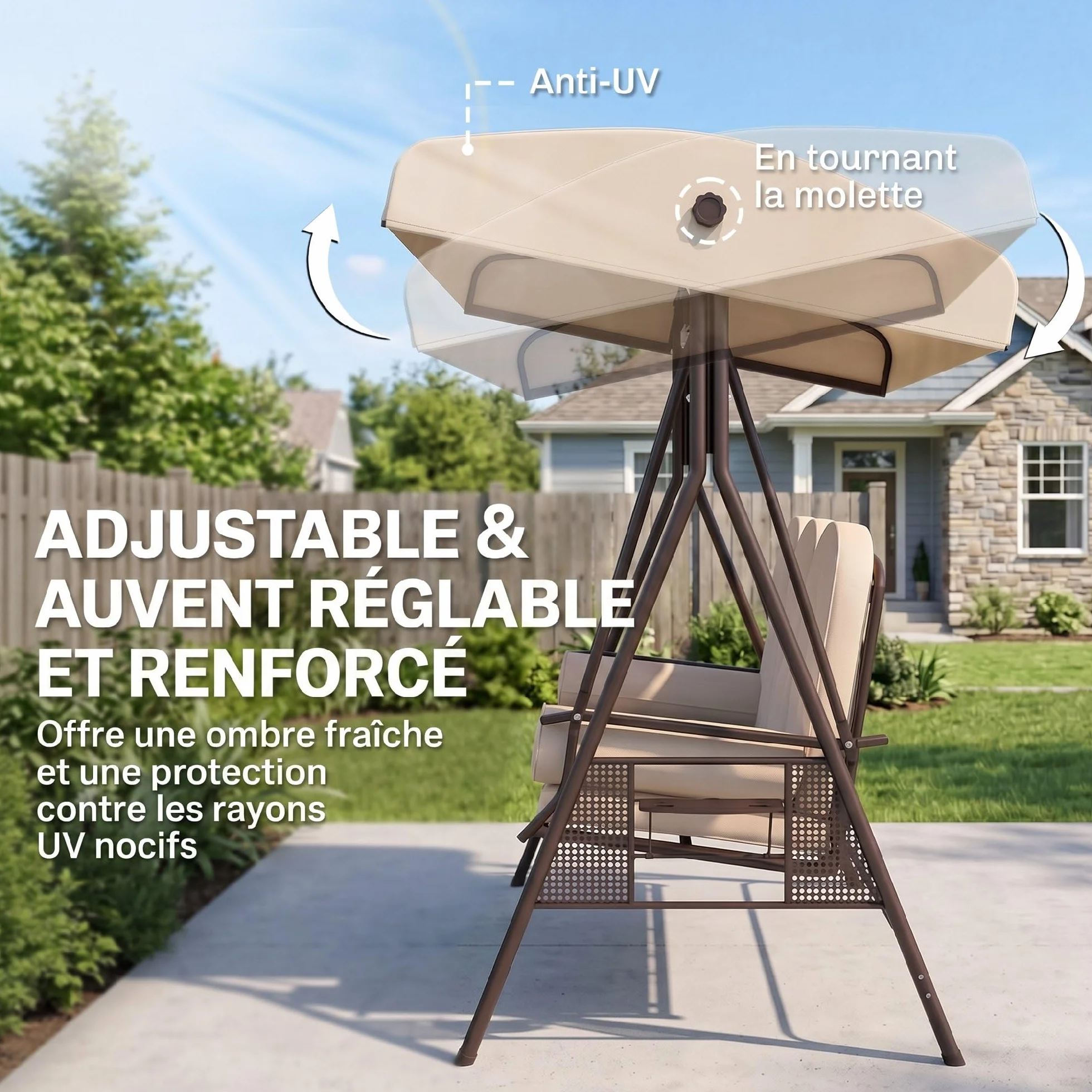 Outsunny Balancelle de Jardin 3 Places Grand Confort Toit Inclinaison réglable Coussins Plateaux rétractables Beige